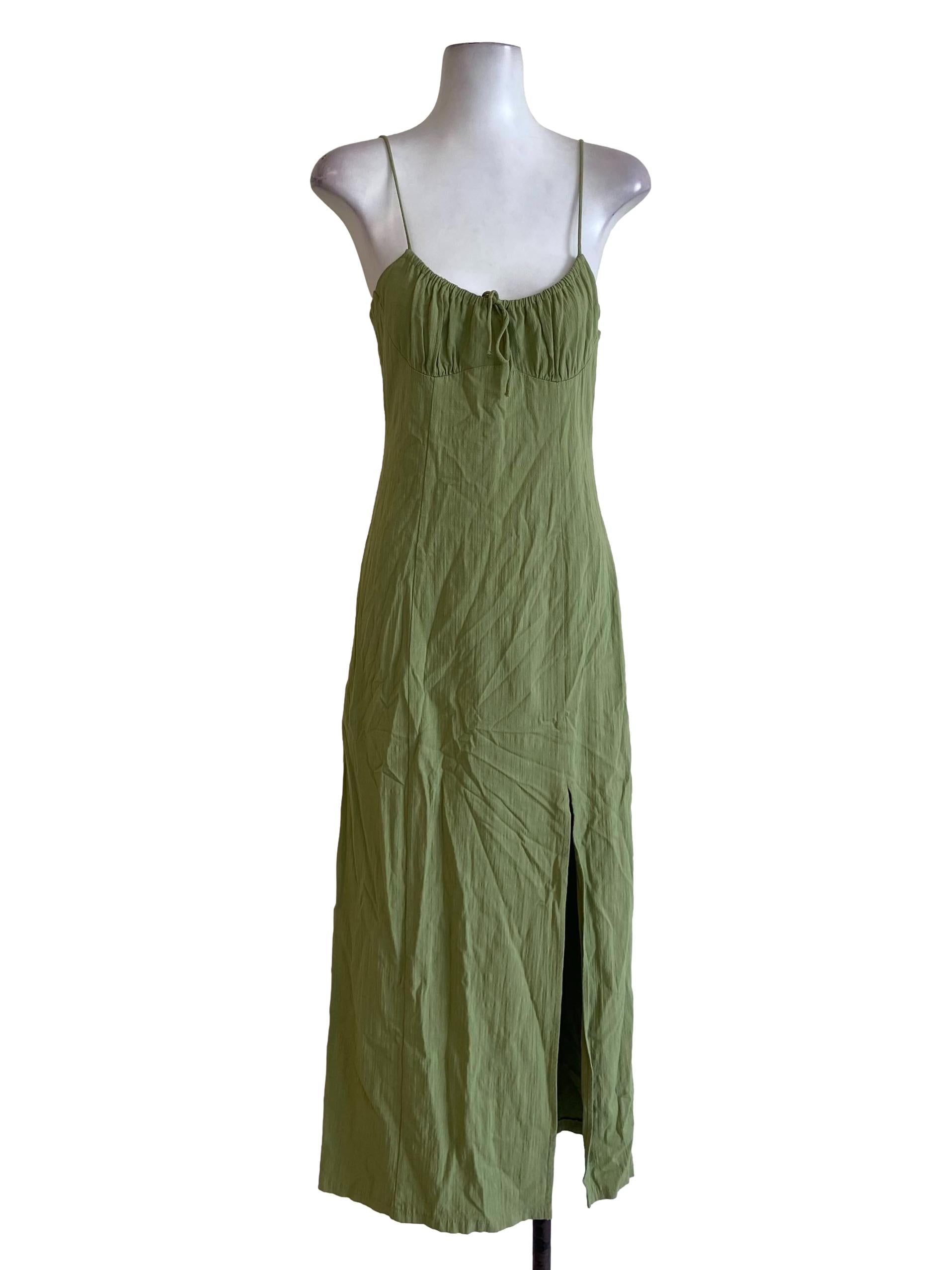 Olive Green Spaghetti Strap Slit Slip Dress