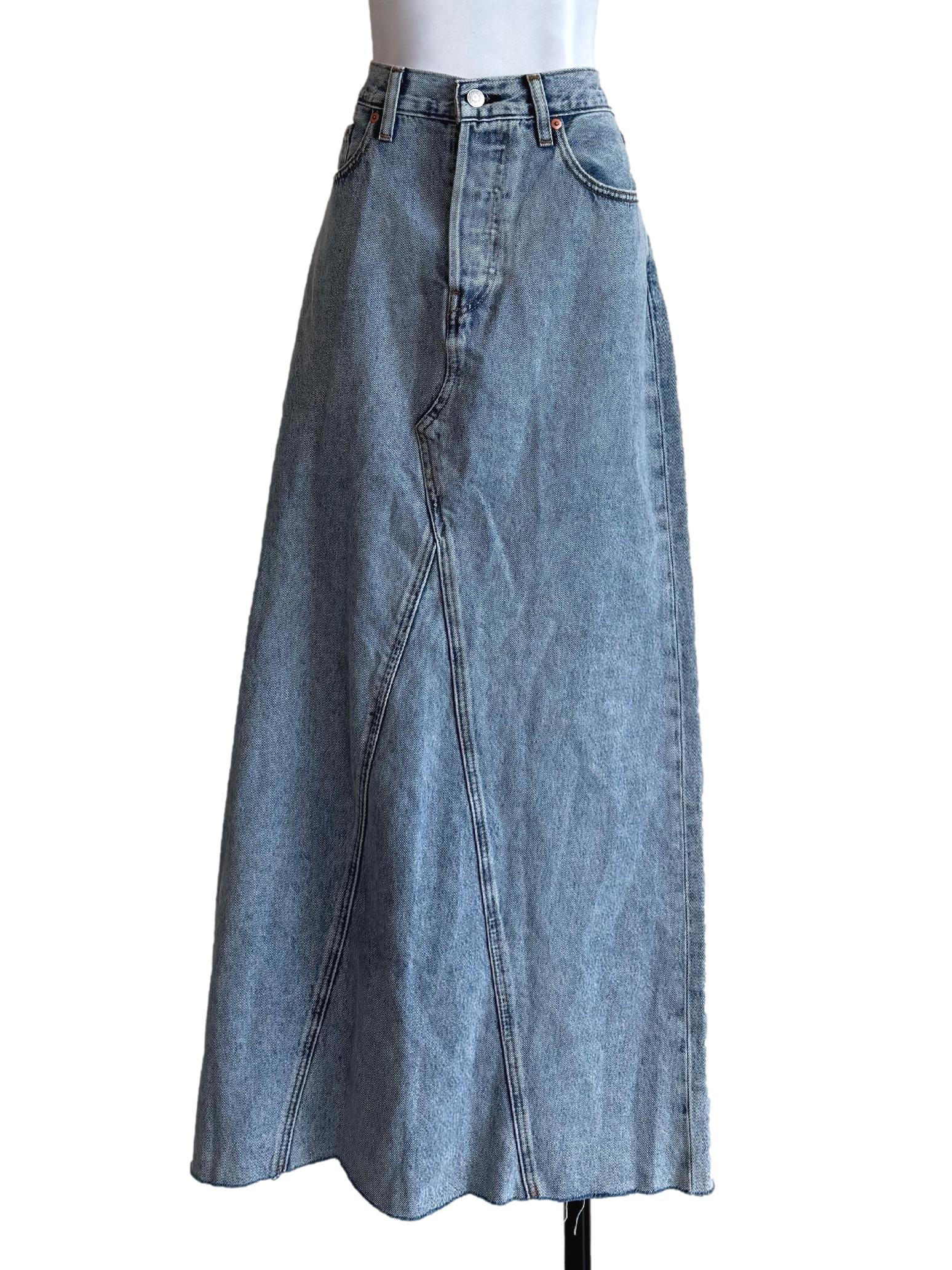 Washed Blue Side Slit A-Line Skirt