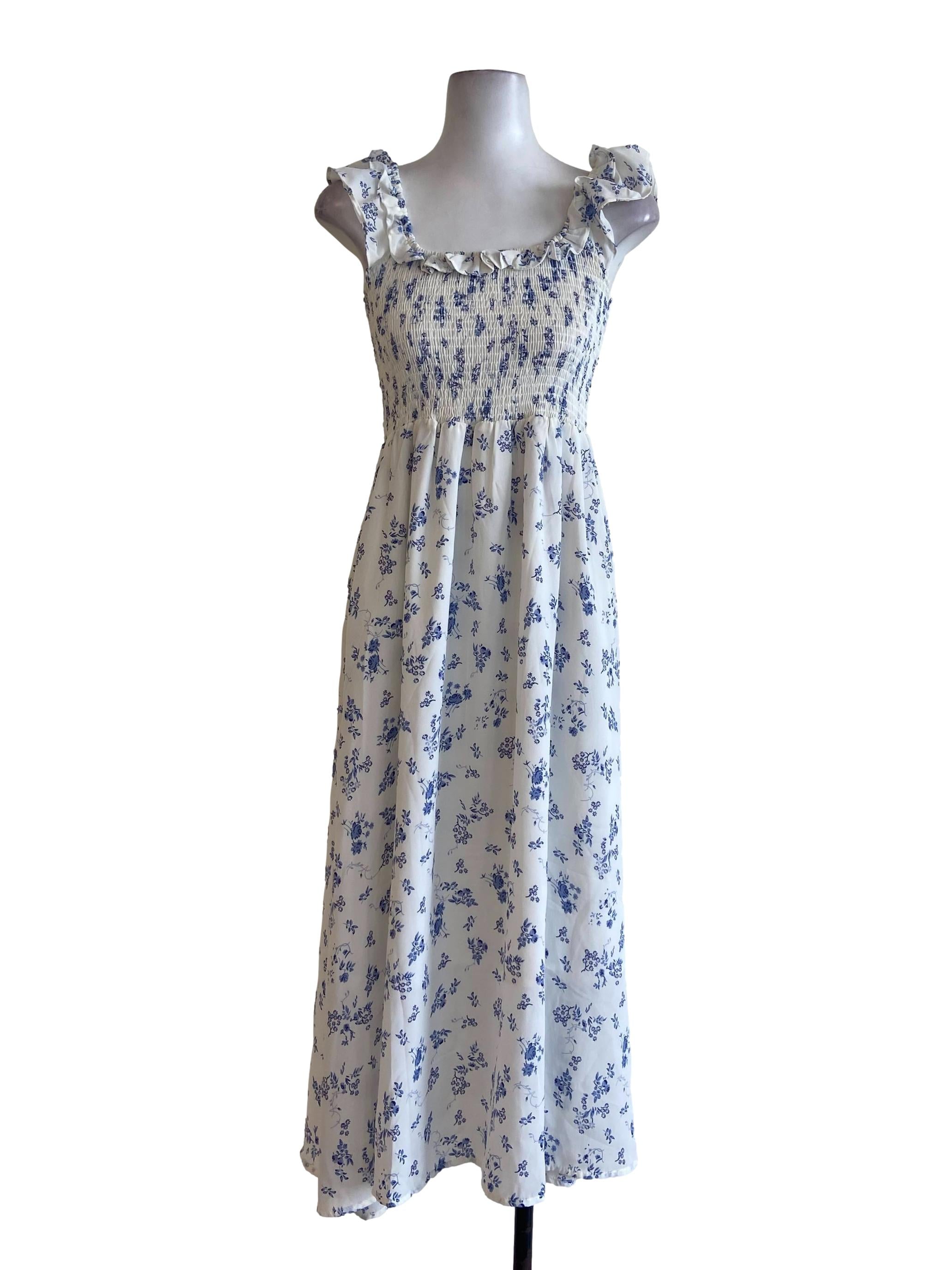 White & Blue Floral Sleeveless Apron Dress