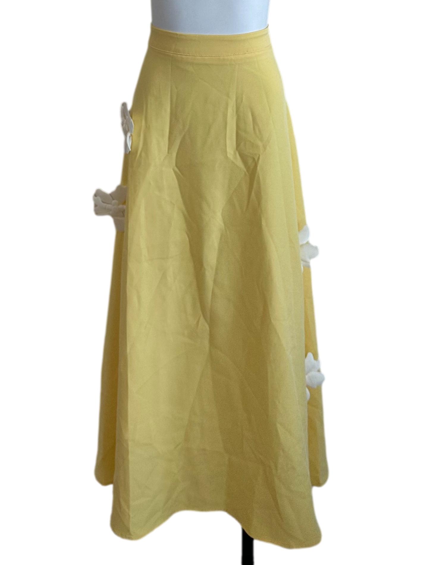 Lemon Yellow 3D White Floral A Line Skirt