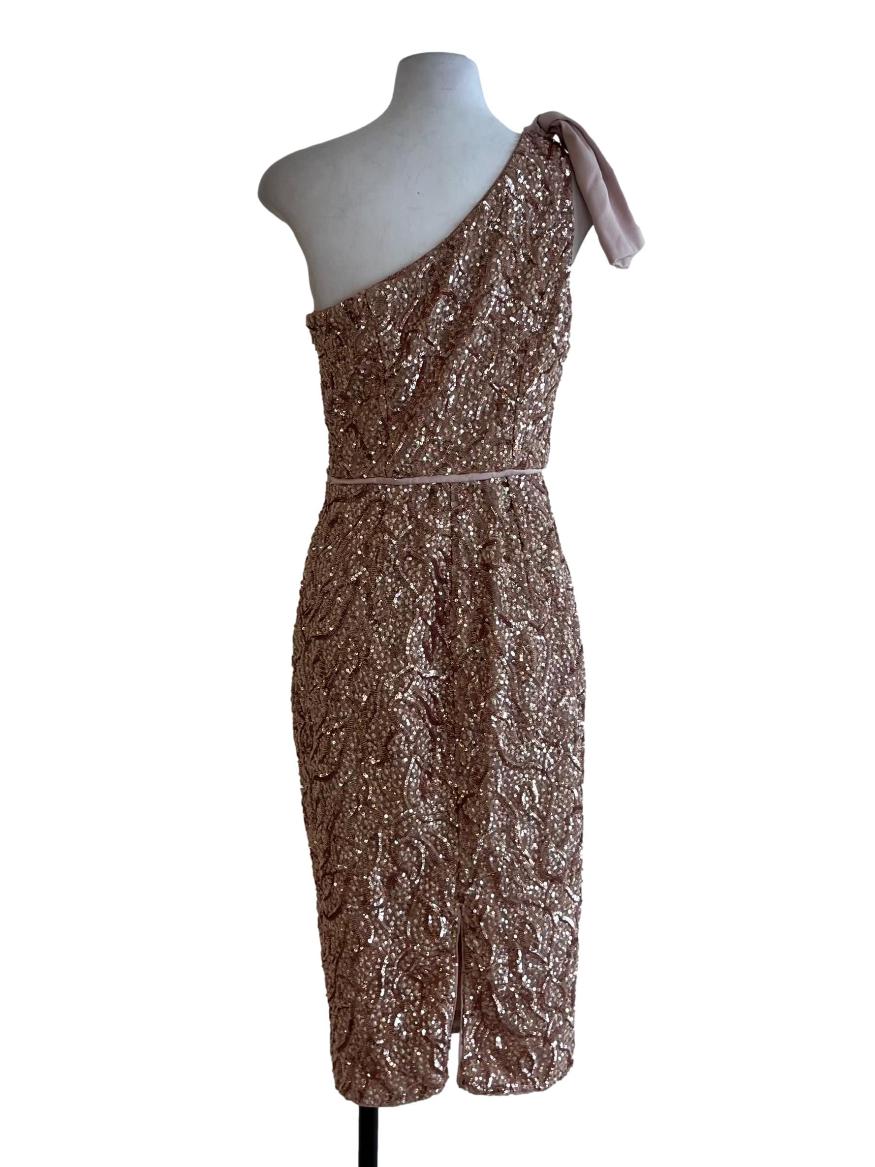 Sepia Beige Metallic Asymmetrical Neckline A-Line Dress