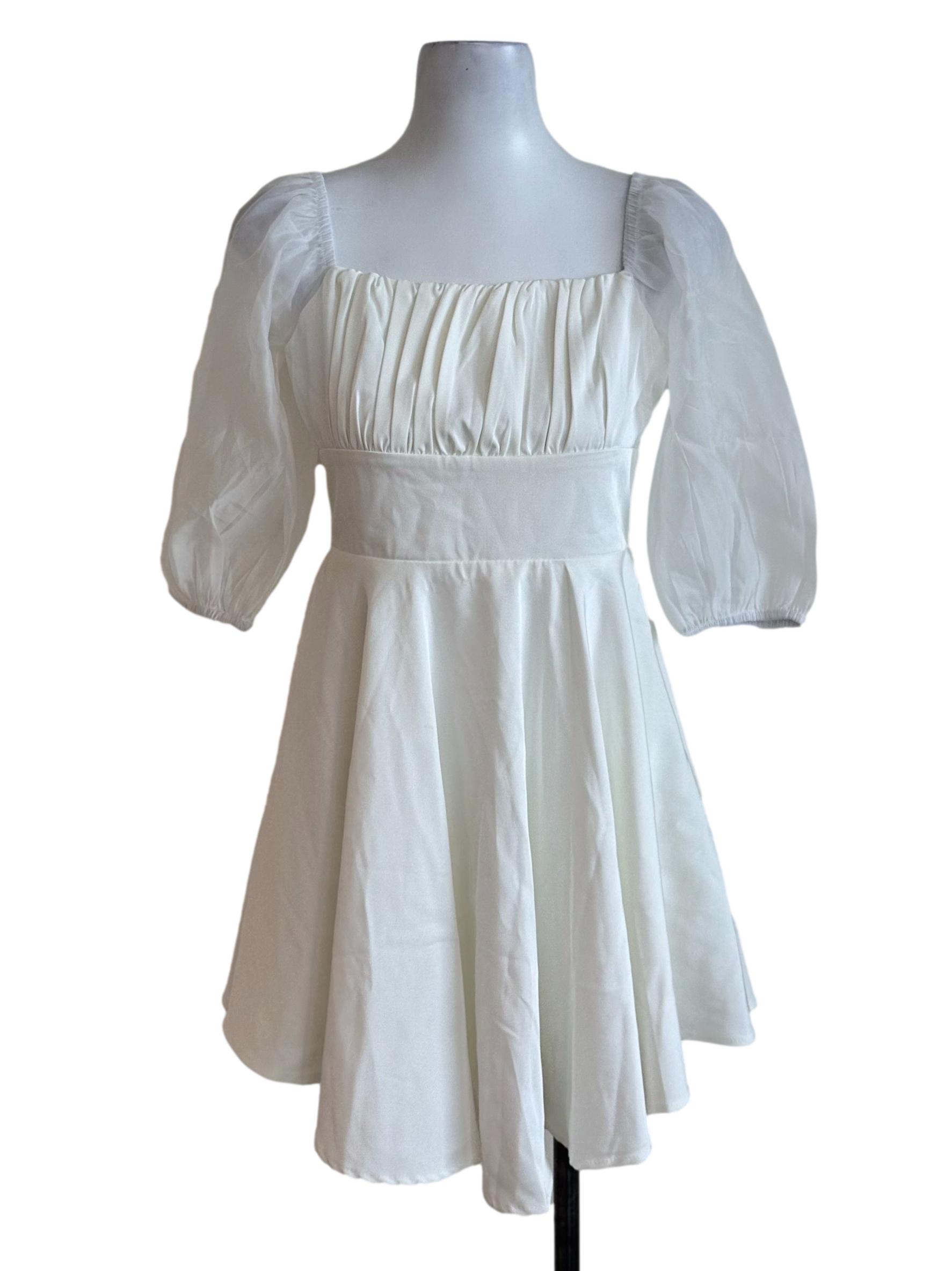 Pearl White Organza Sleeve Ruched Dress