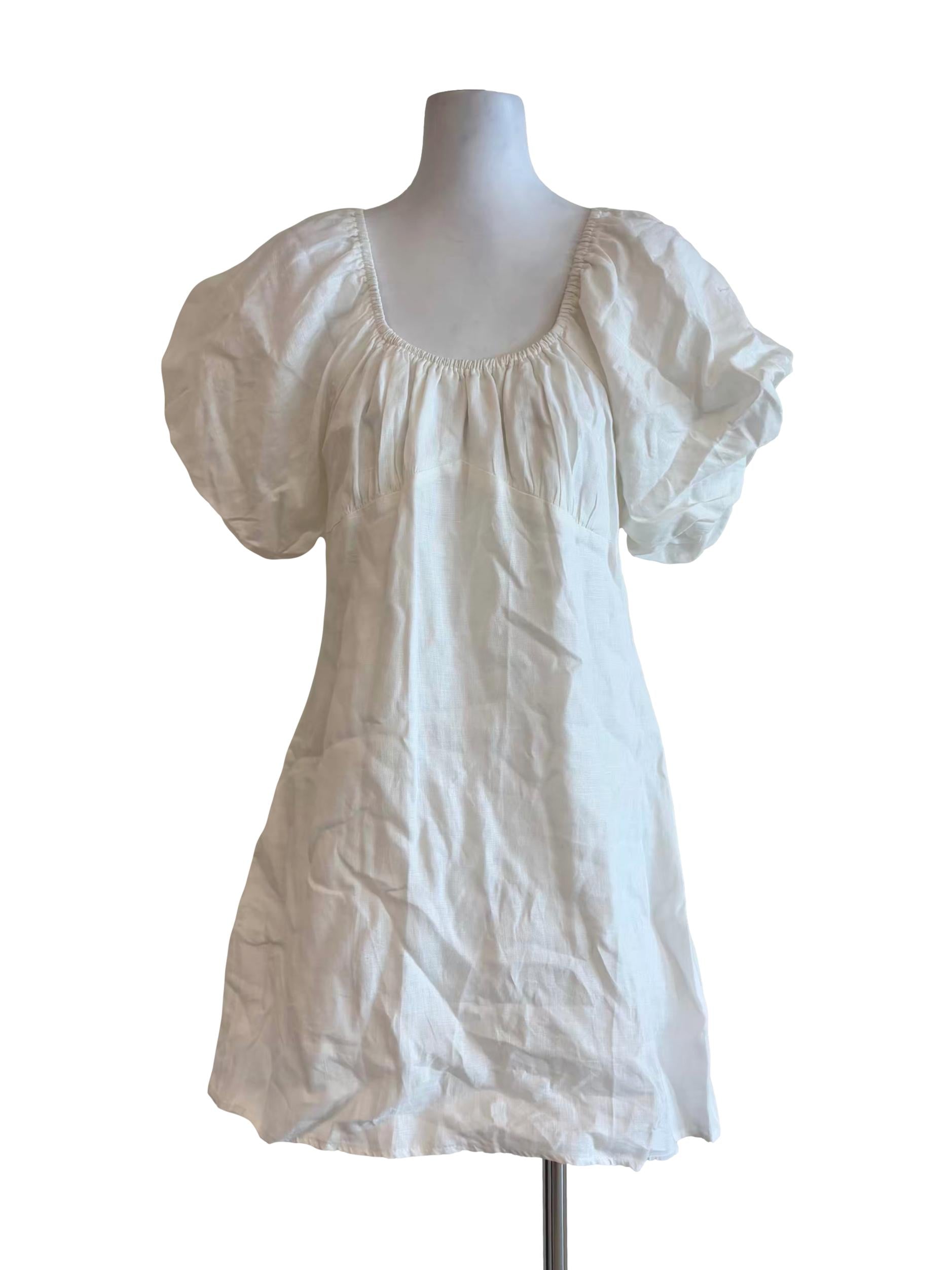 Powder White Puff Sleeve Linen Dress