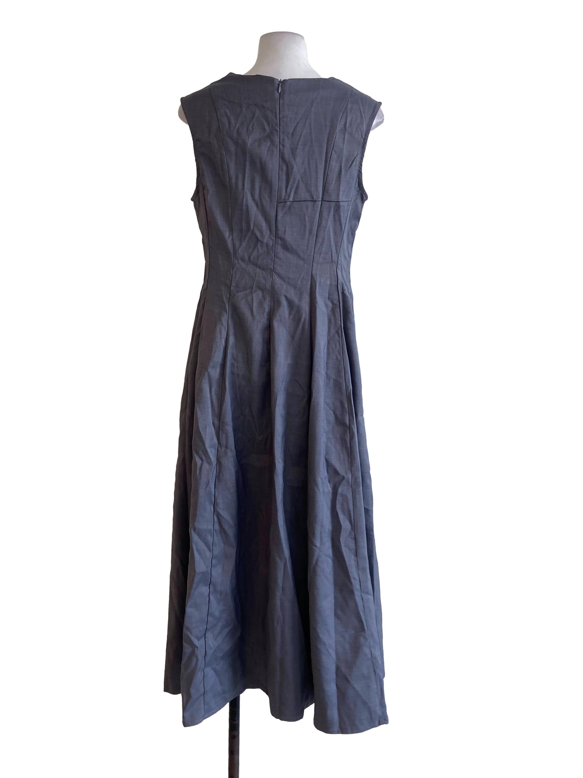 Smoke Grey Twill Sleeveless Pegged Waist Empire Dress