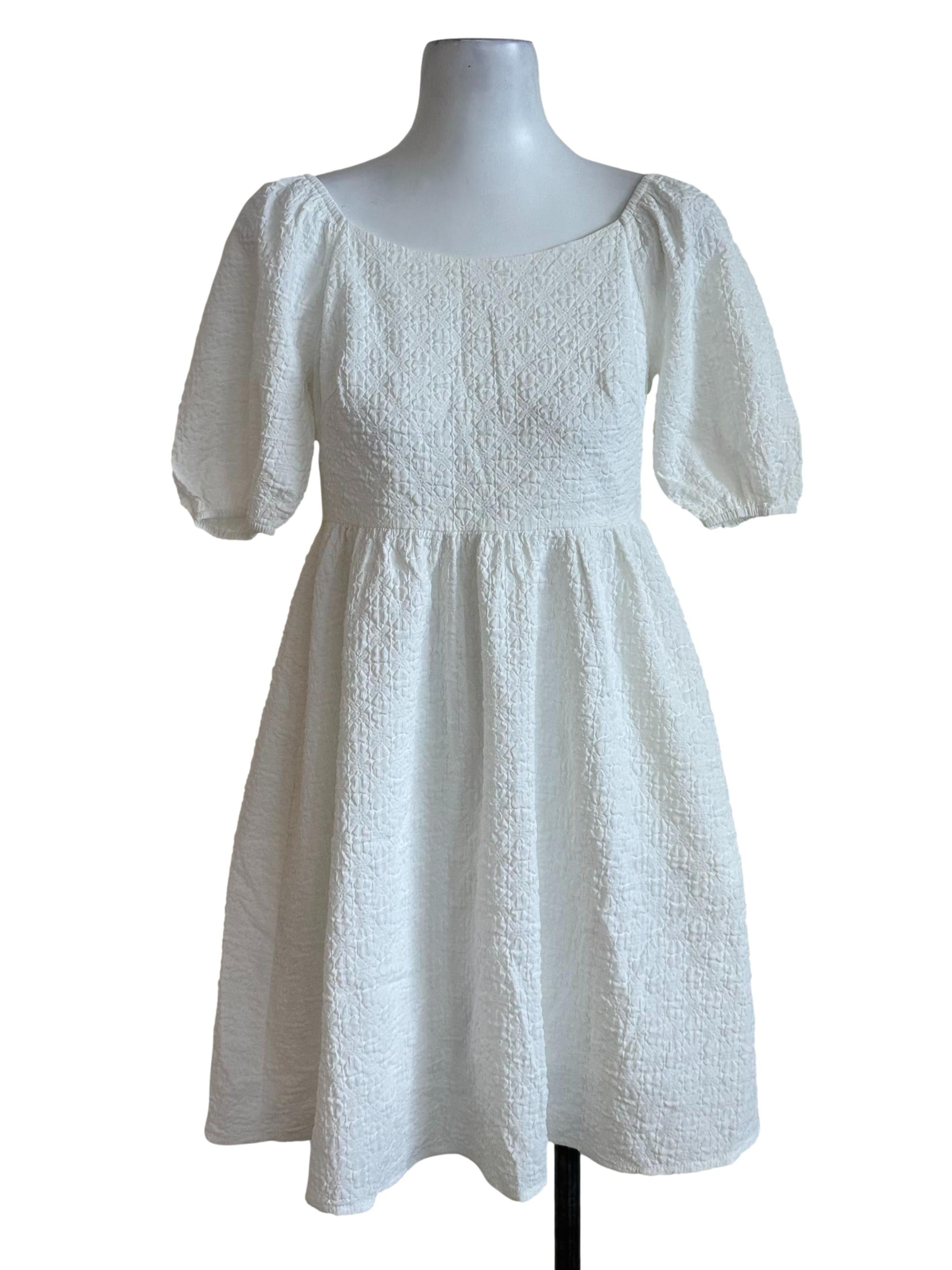 Ivory White Textured Puff Sleeve Dress