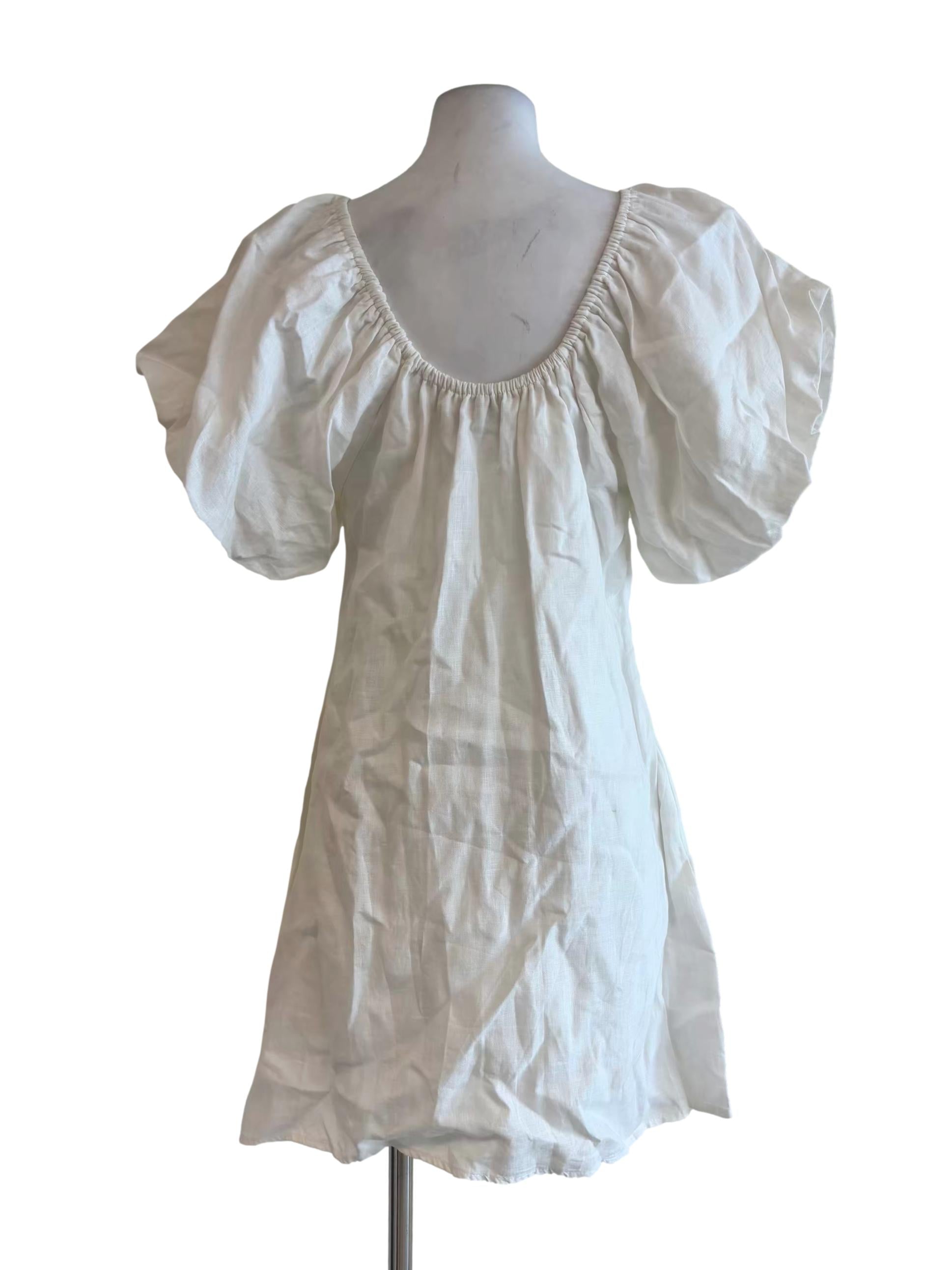 Powder White Puff Sleeve Linen Dress