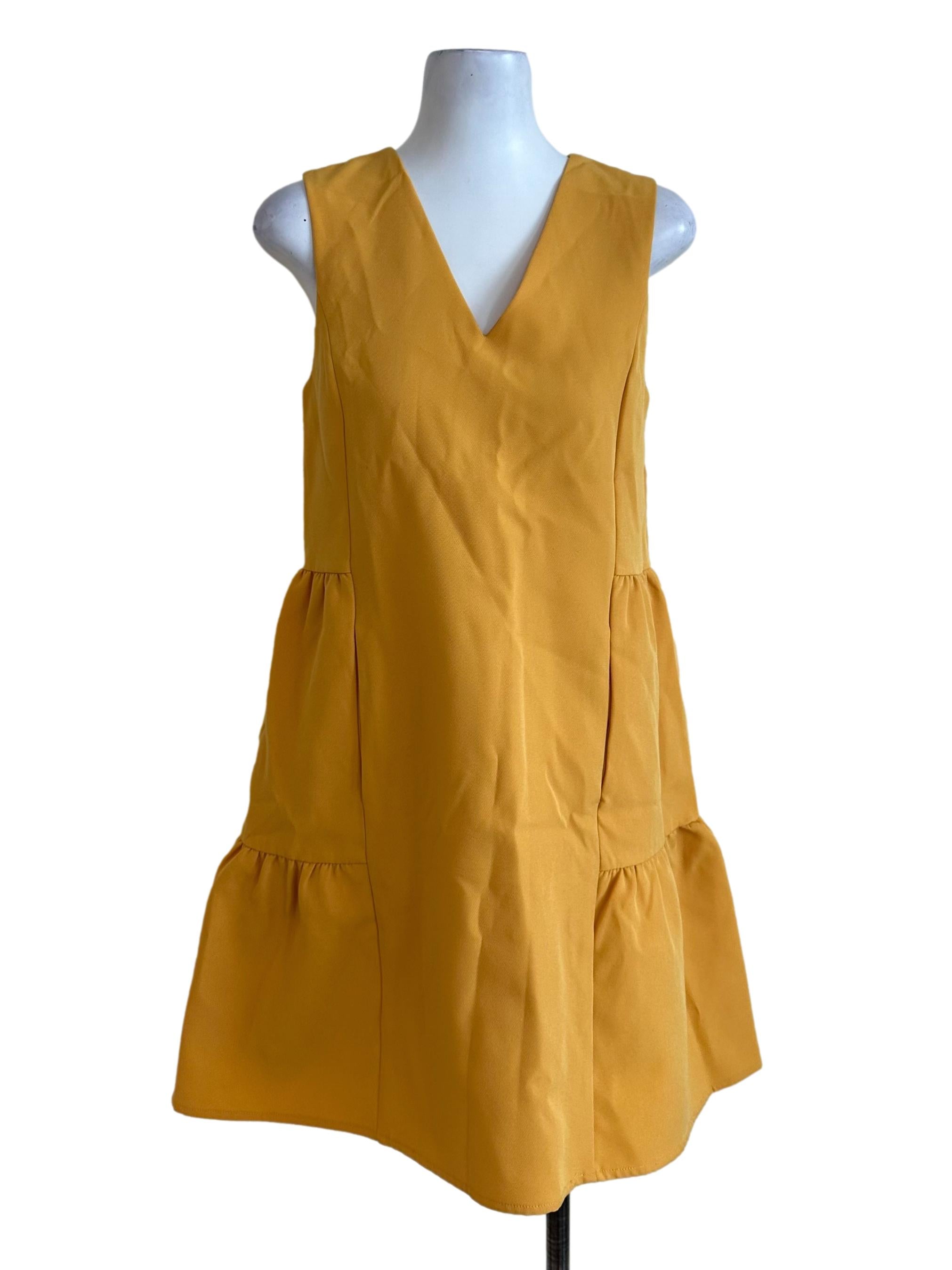 Mustard Yellow V Neck Side Tiered Dress