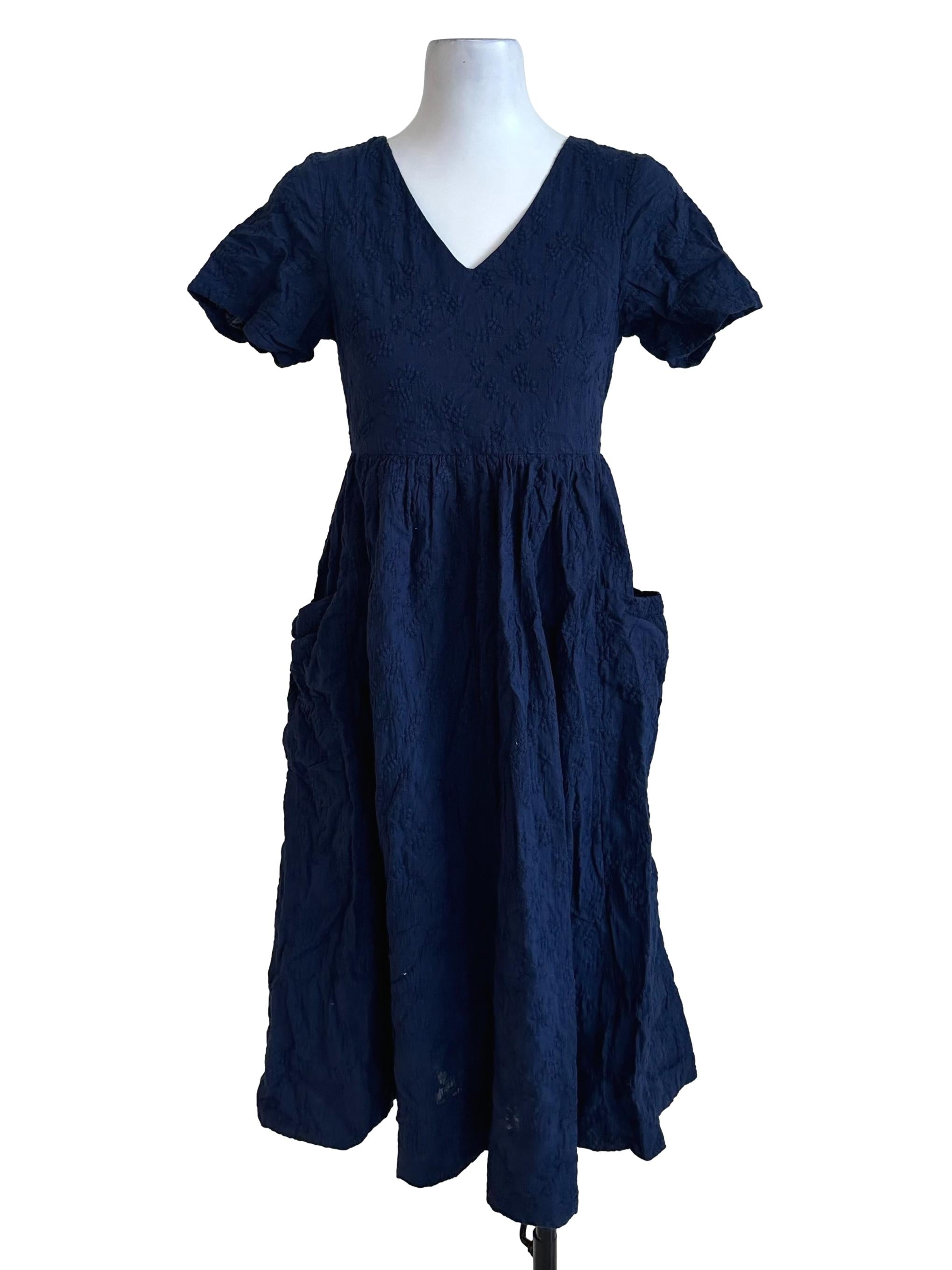 Navy Blue V Neck Textured Dress