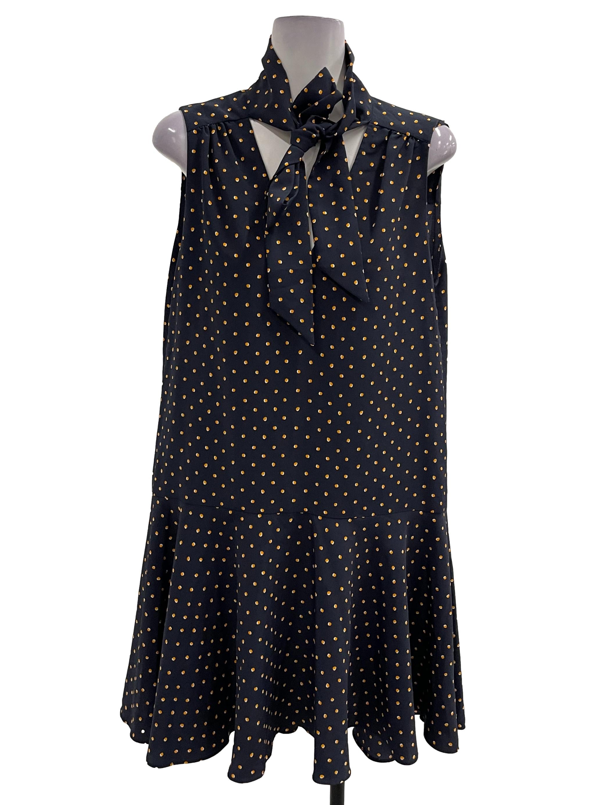 Mango Navy Blue Tie Neck Polka Dotted Mini Dress | REFASH