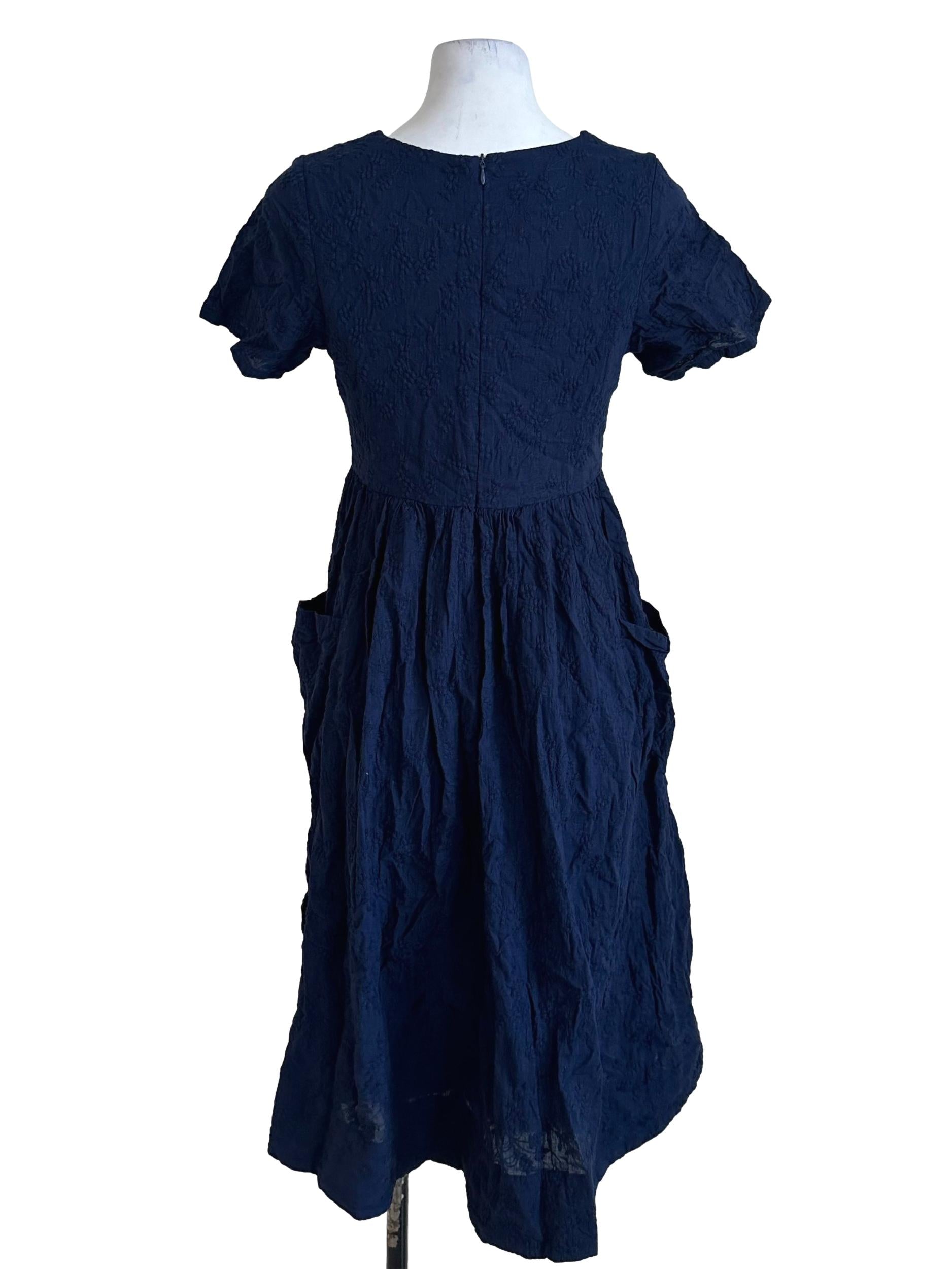 Navy Blue V Neck Textured Dress