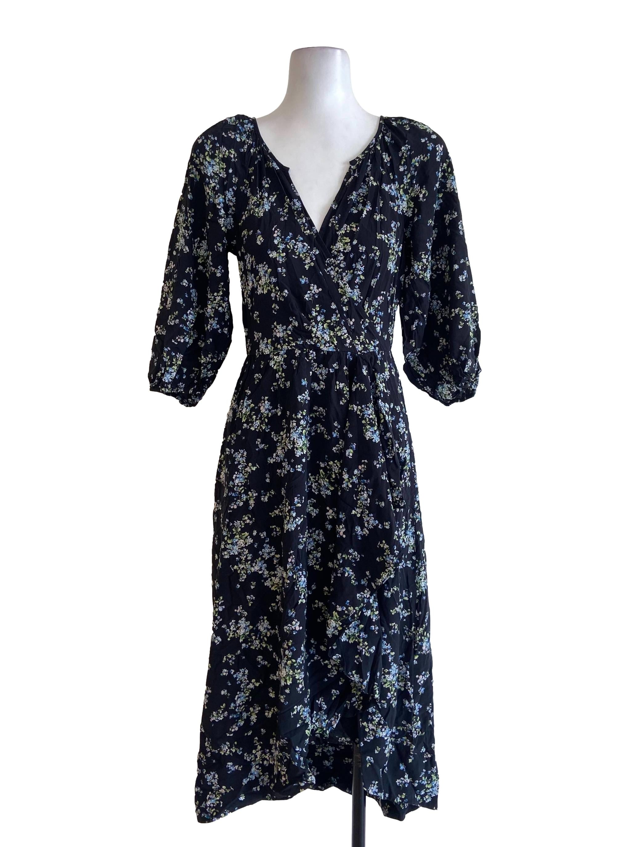 Black Floral V Neck Asymmetric Dress