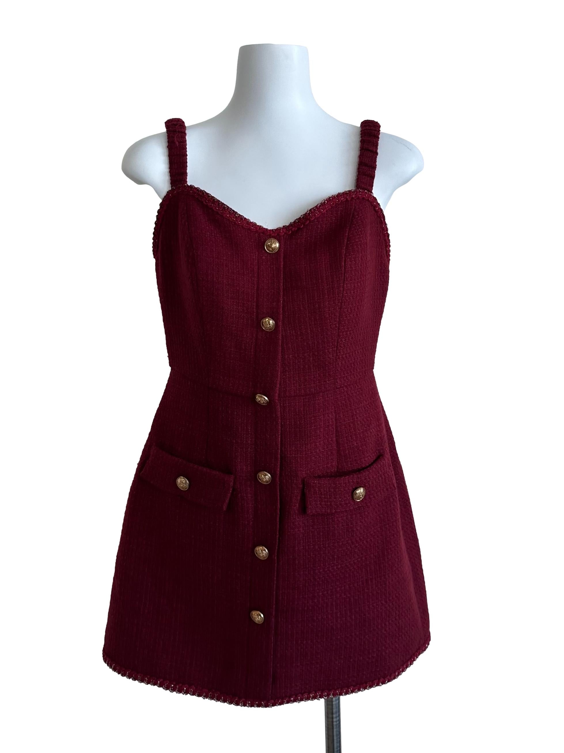 Maroon Red Tweed Textured Button Dress