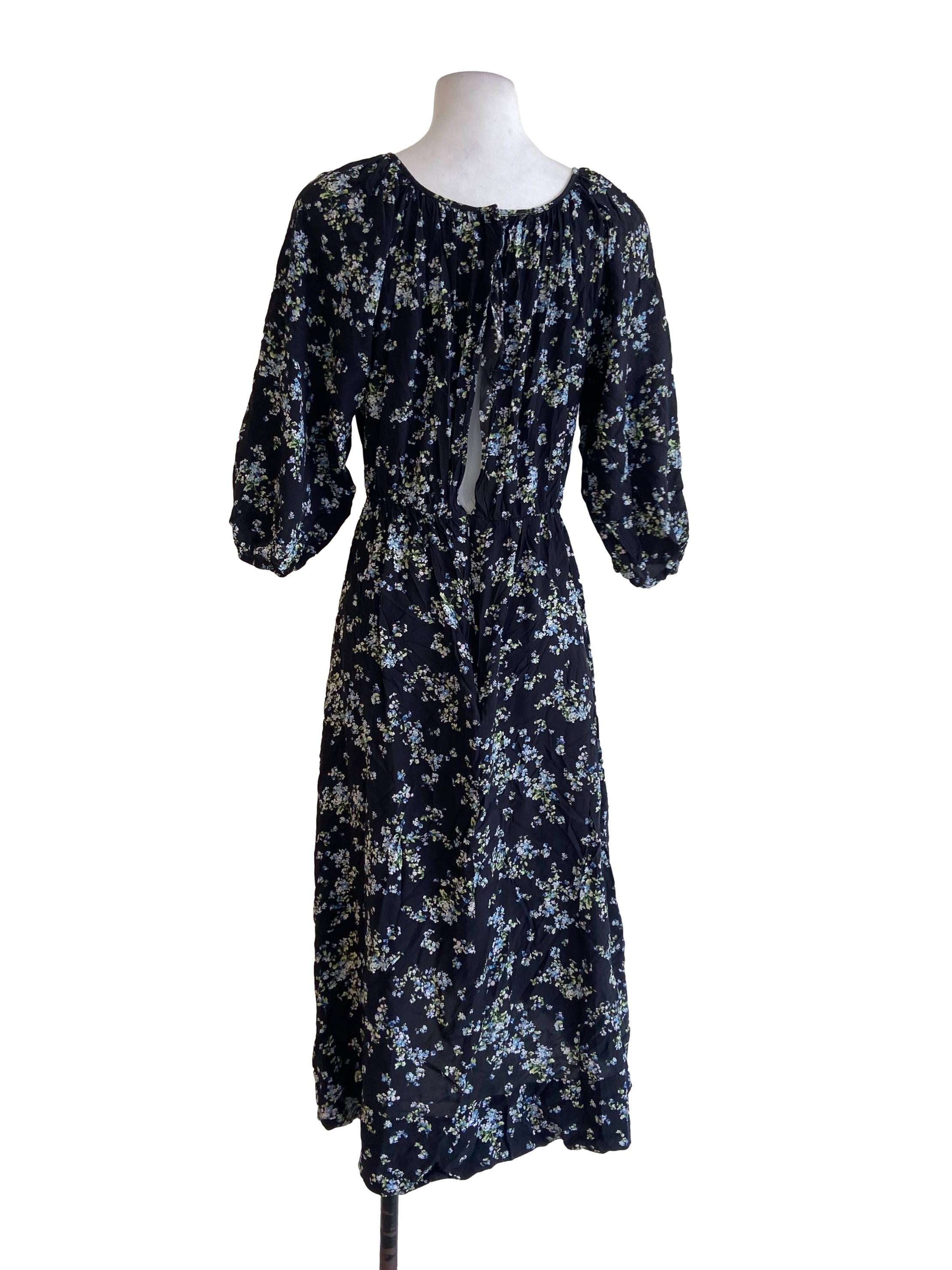 Black Floral V Neck Asymmetric Dress