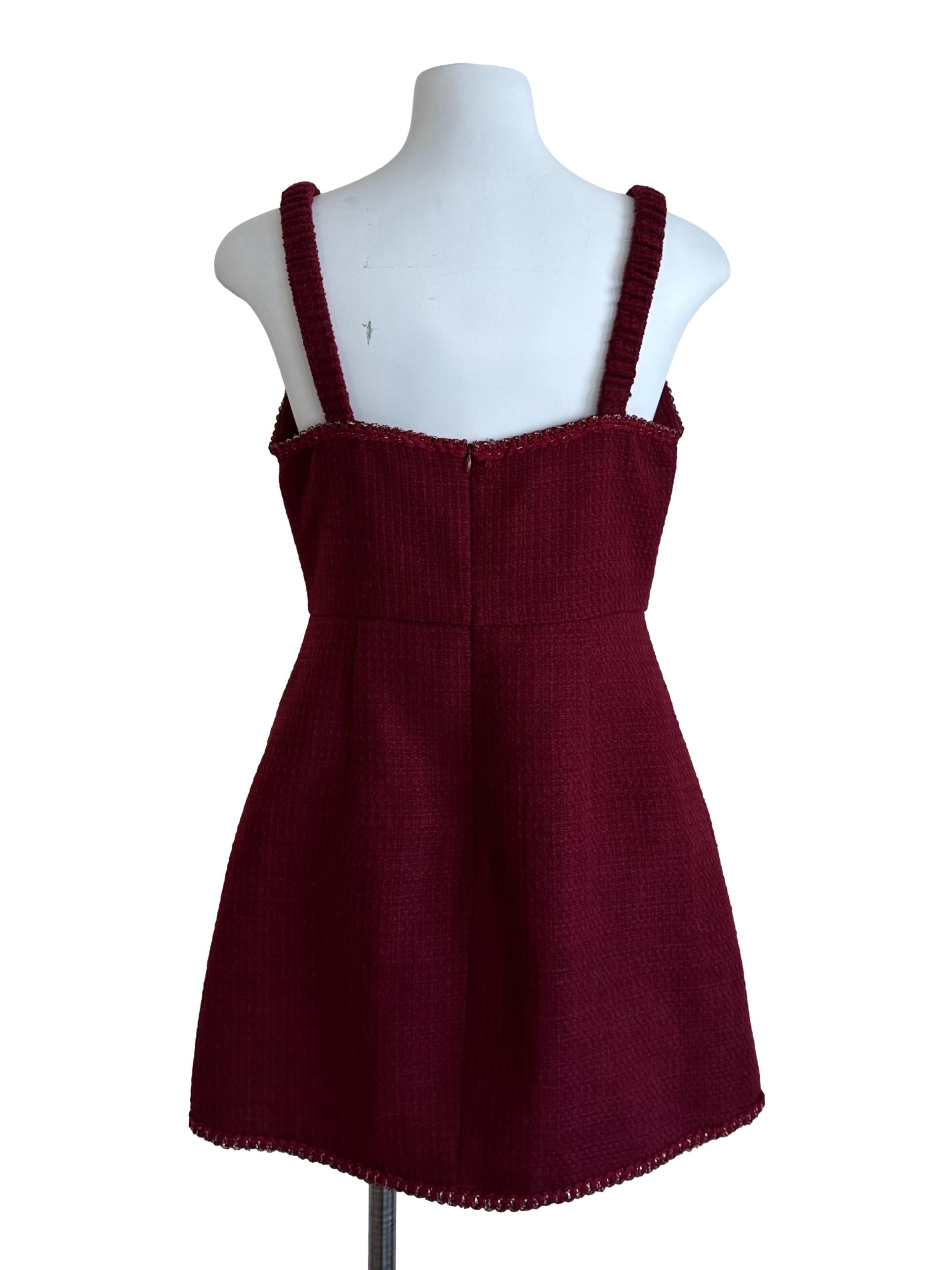 Maroon Red Tweed Textured Button Dress