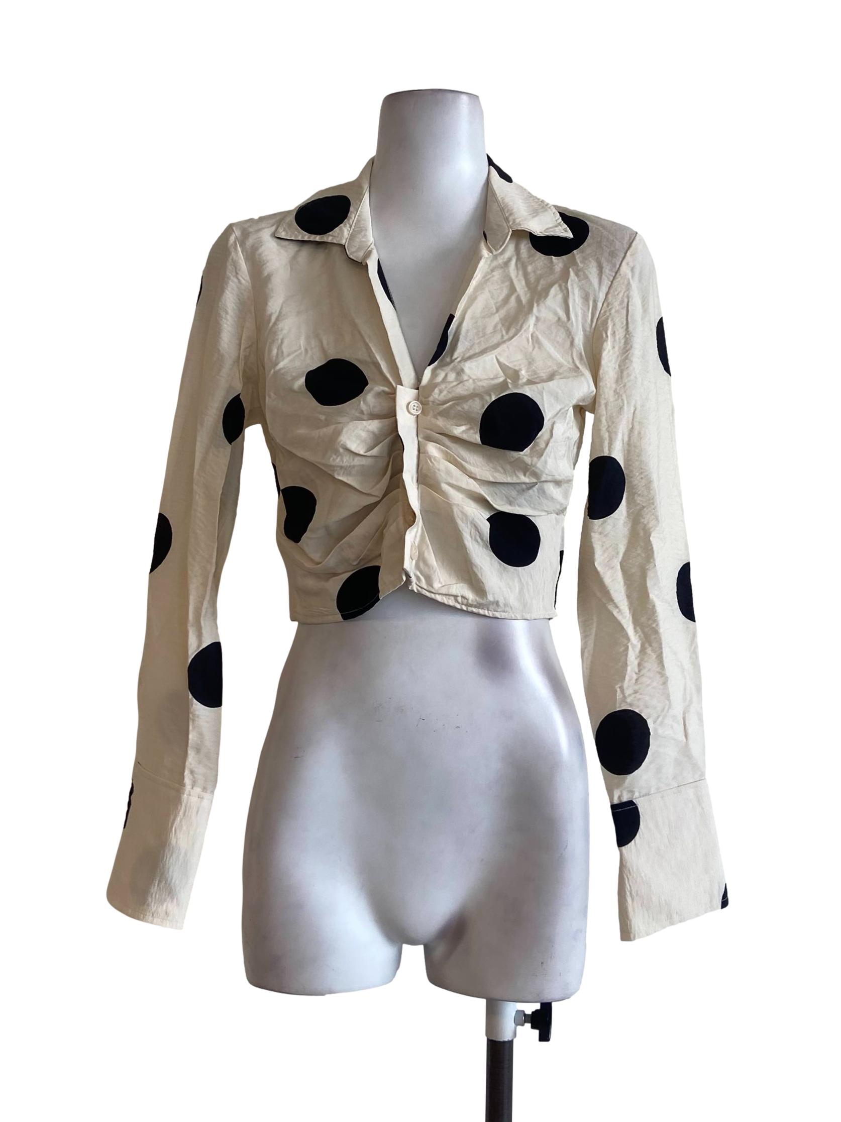 Cream Dot Button Down Crop Top