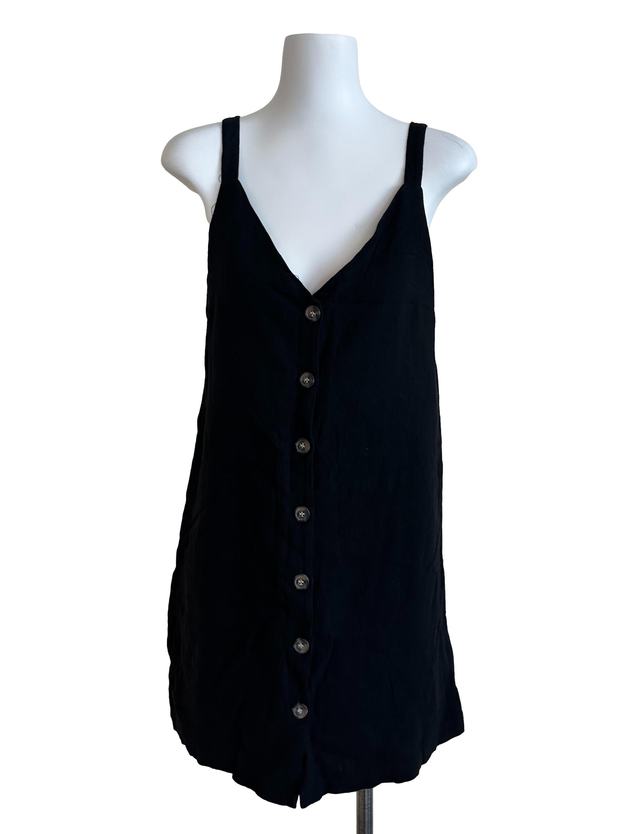 Rich Black V Neck Button Dress