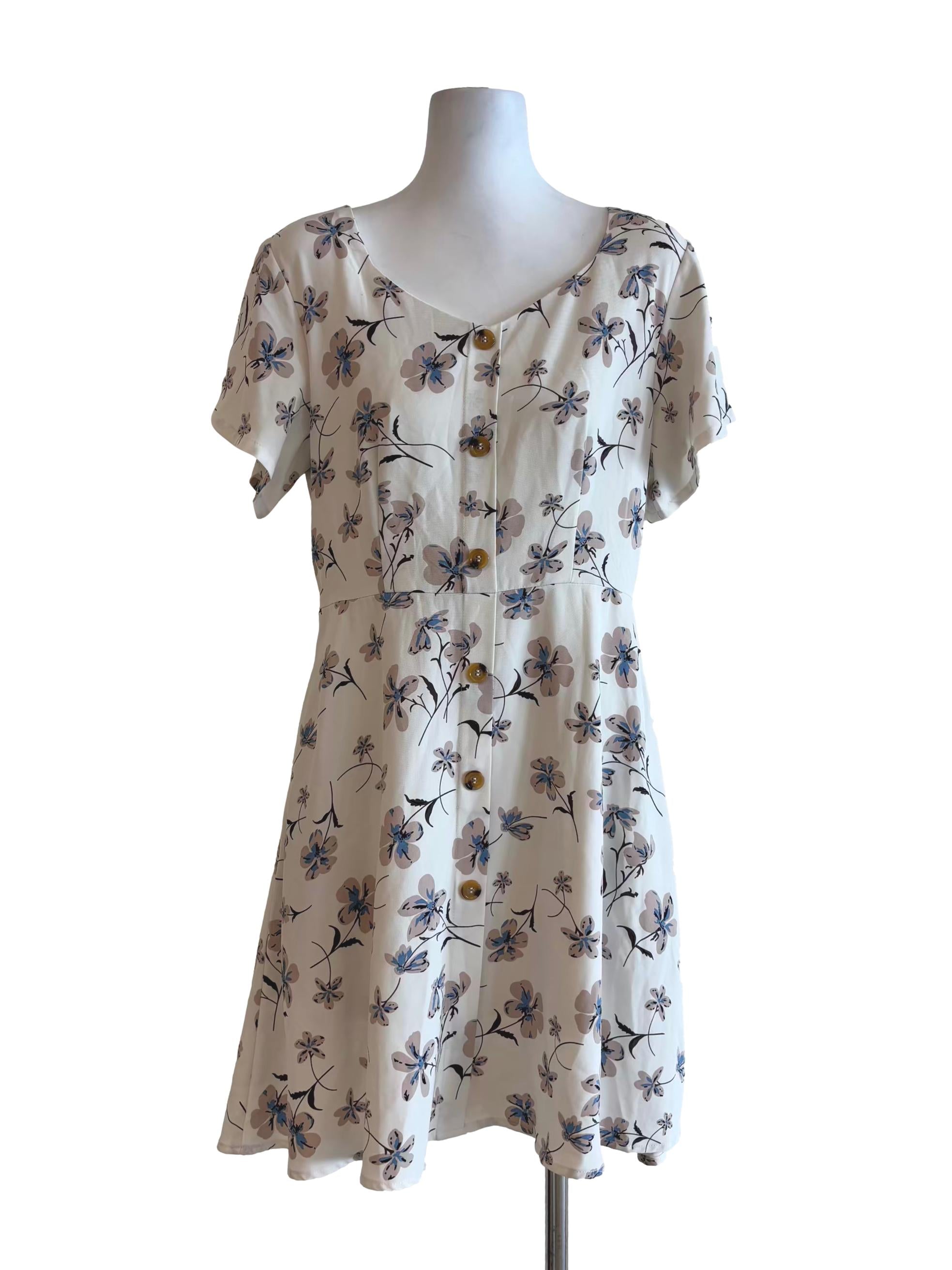 Off White Buttoned Floral A-Line Dress
