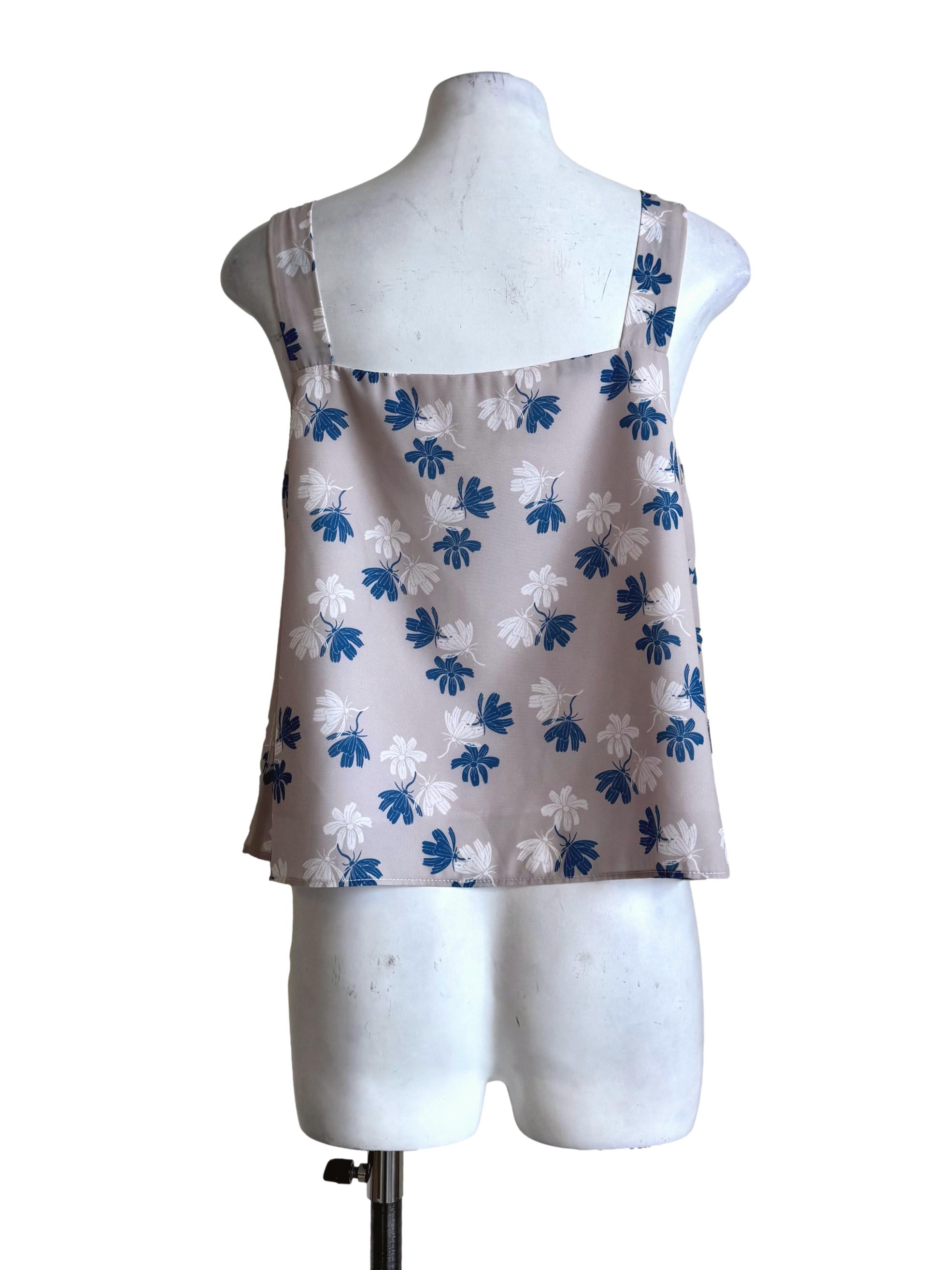 Pale Grey With Blue Prints V Neck Top