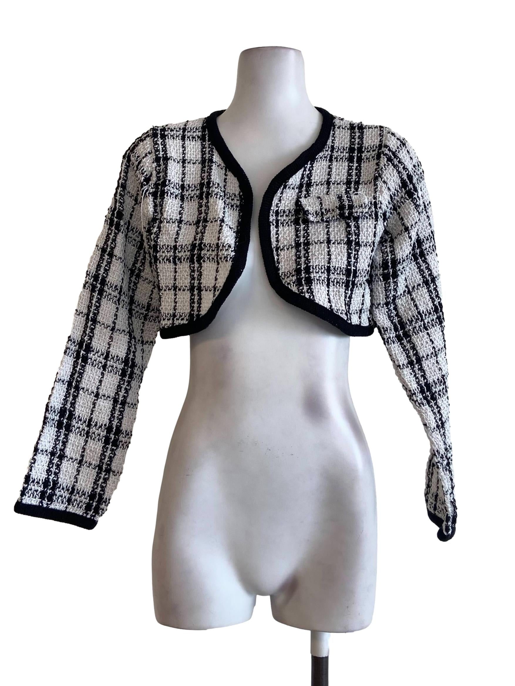 White & Black Plaid Bolero Cardigan