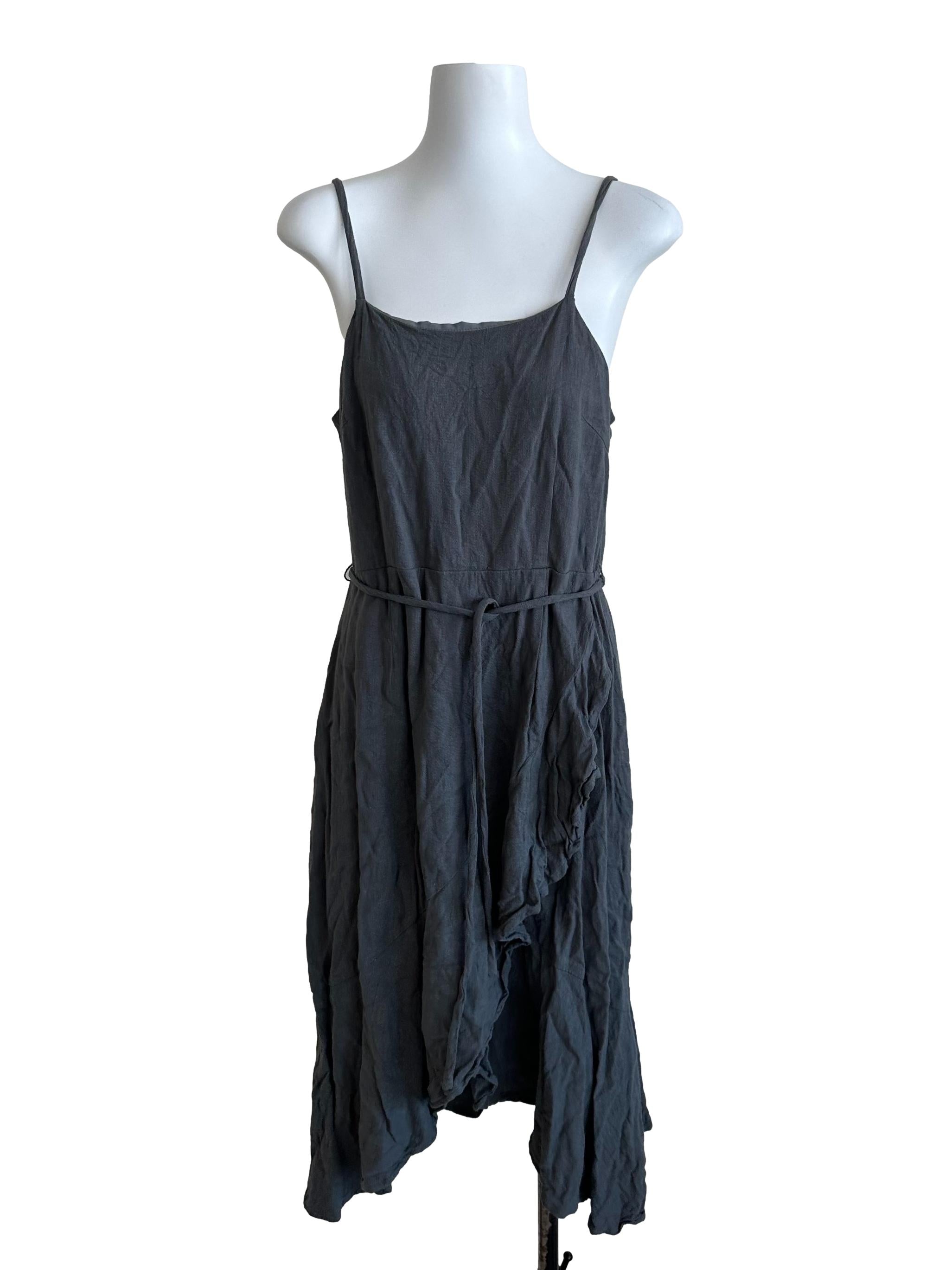 Dark Grey Linen Strap Ruffle Dress