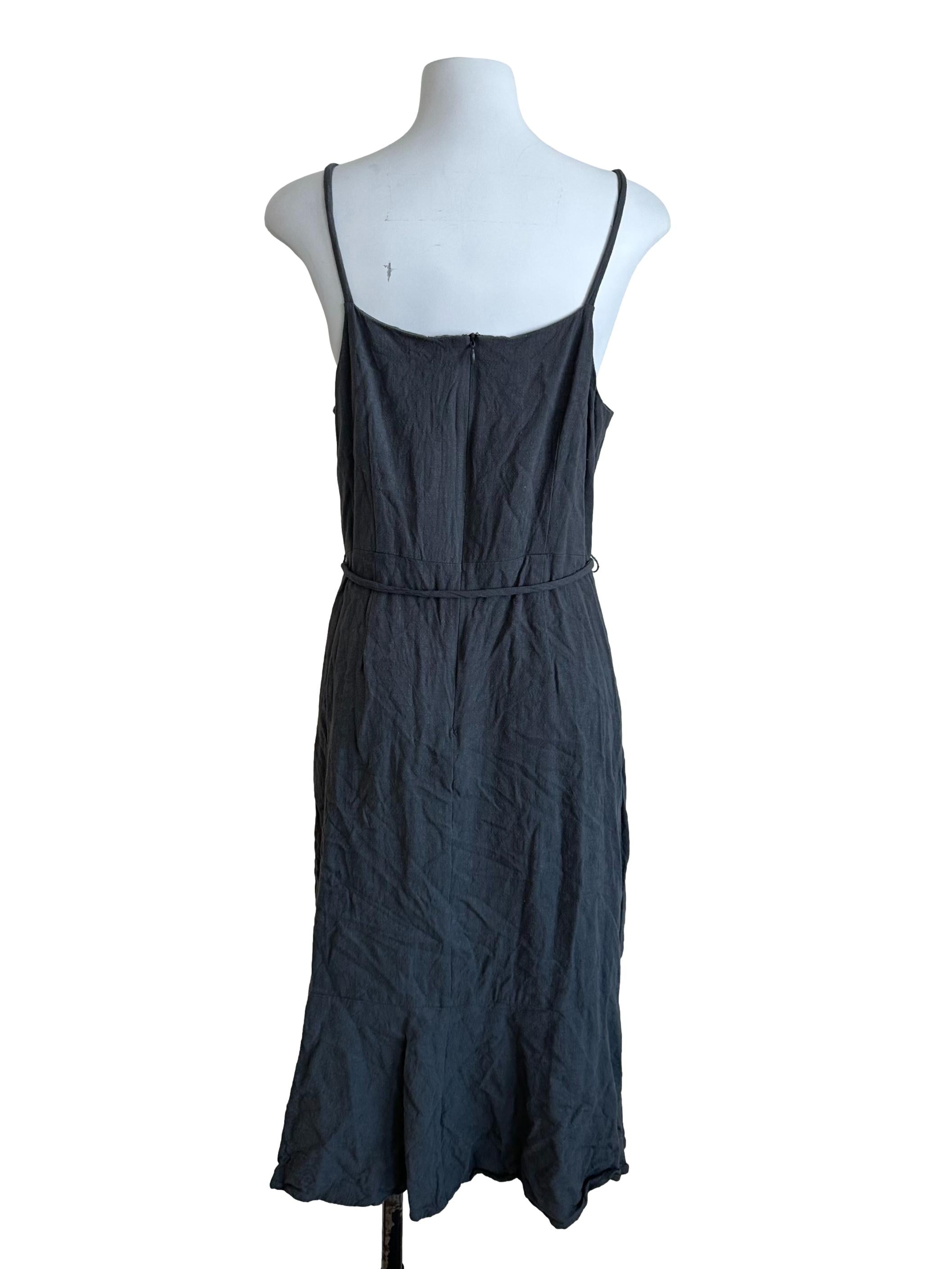 Dark Grey Linen Strap Ruffle Dress