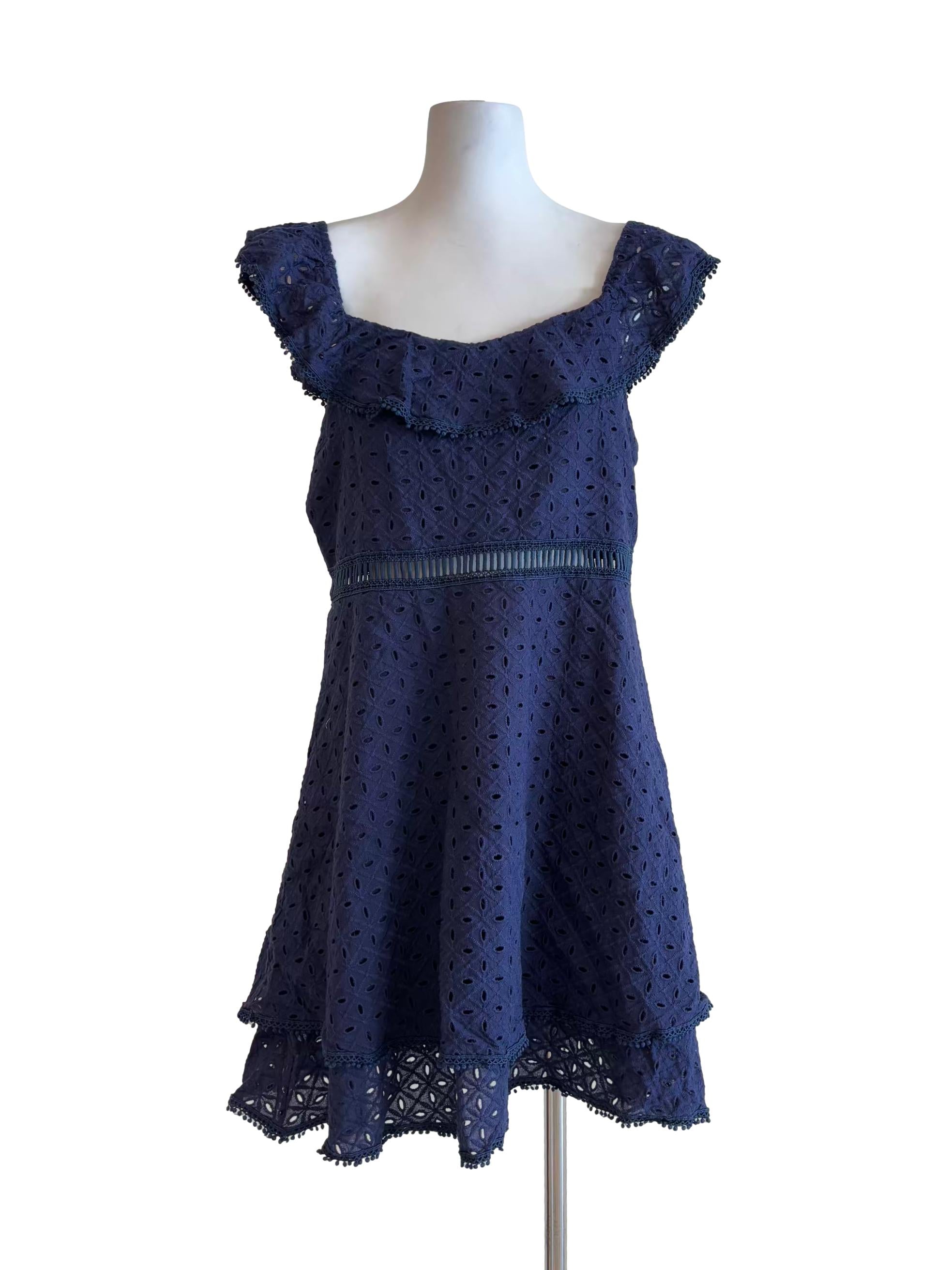 Navy Blue Off Shoulder Cotton Eyelet Dress