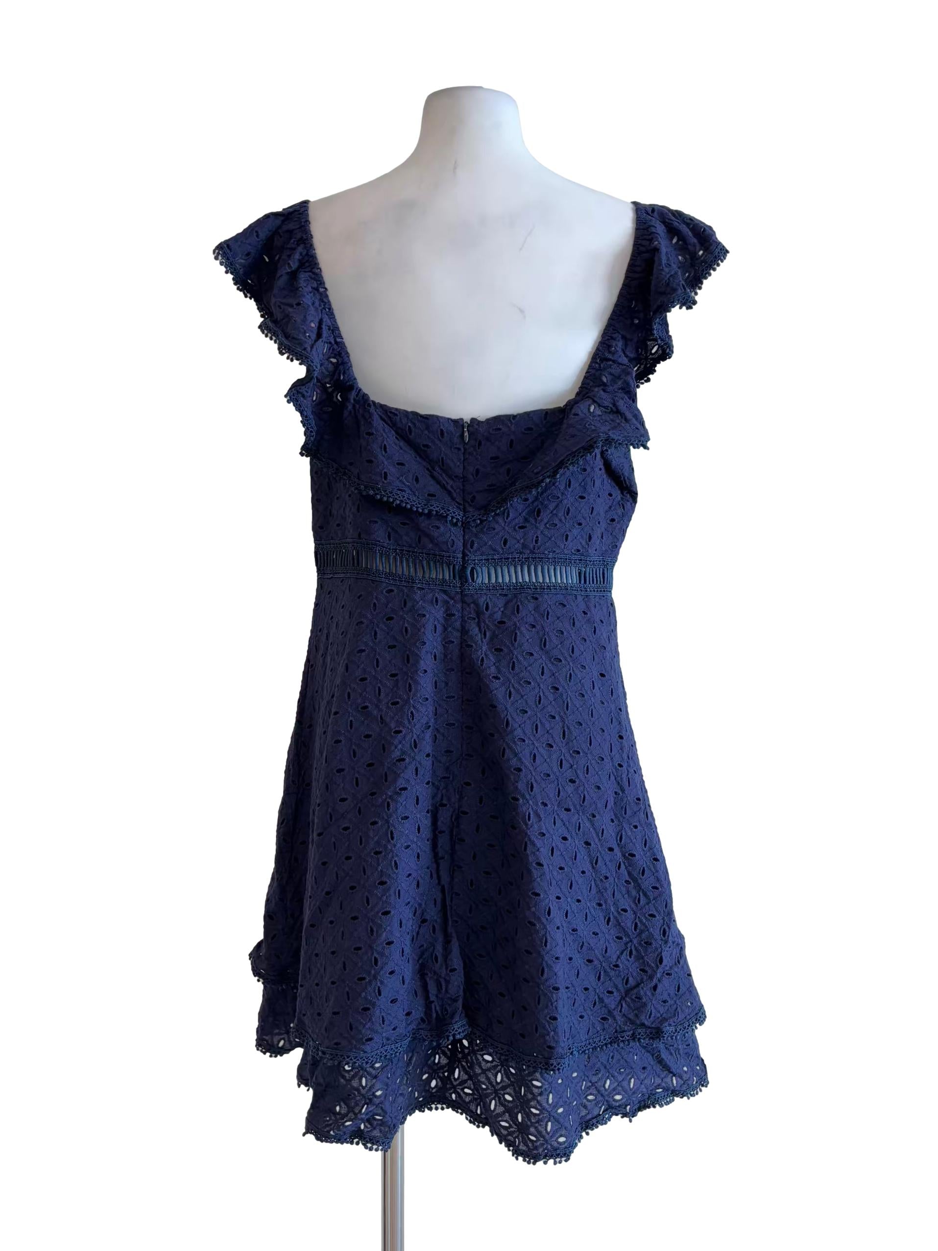 Navy Blue Off Shoulder Cotton Eyelet Dress