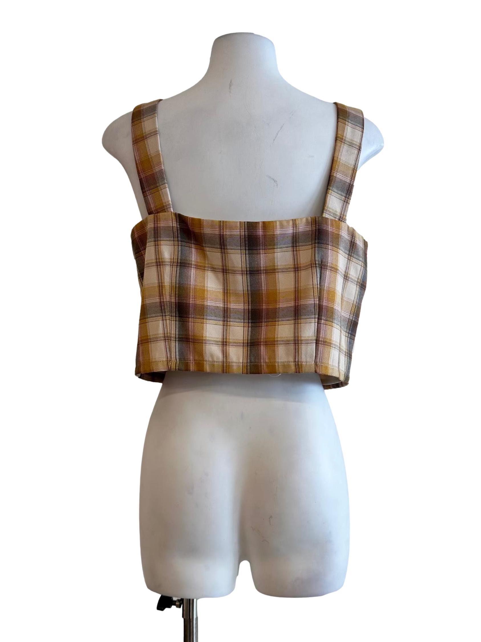 Beige Check Pattern Sleeveless Top