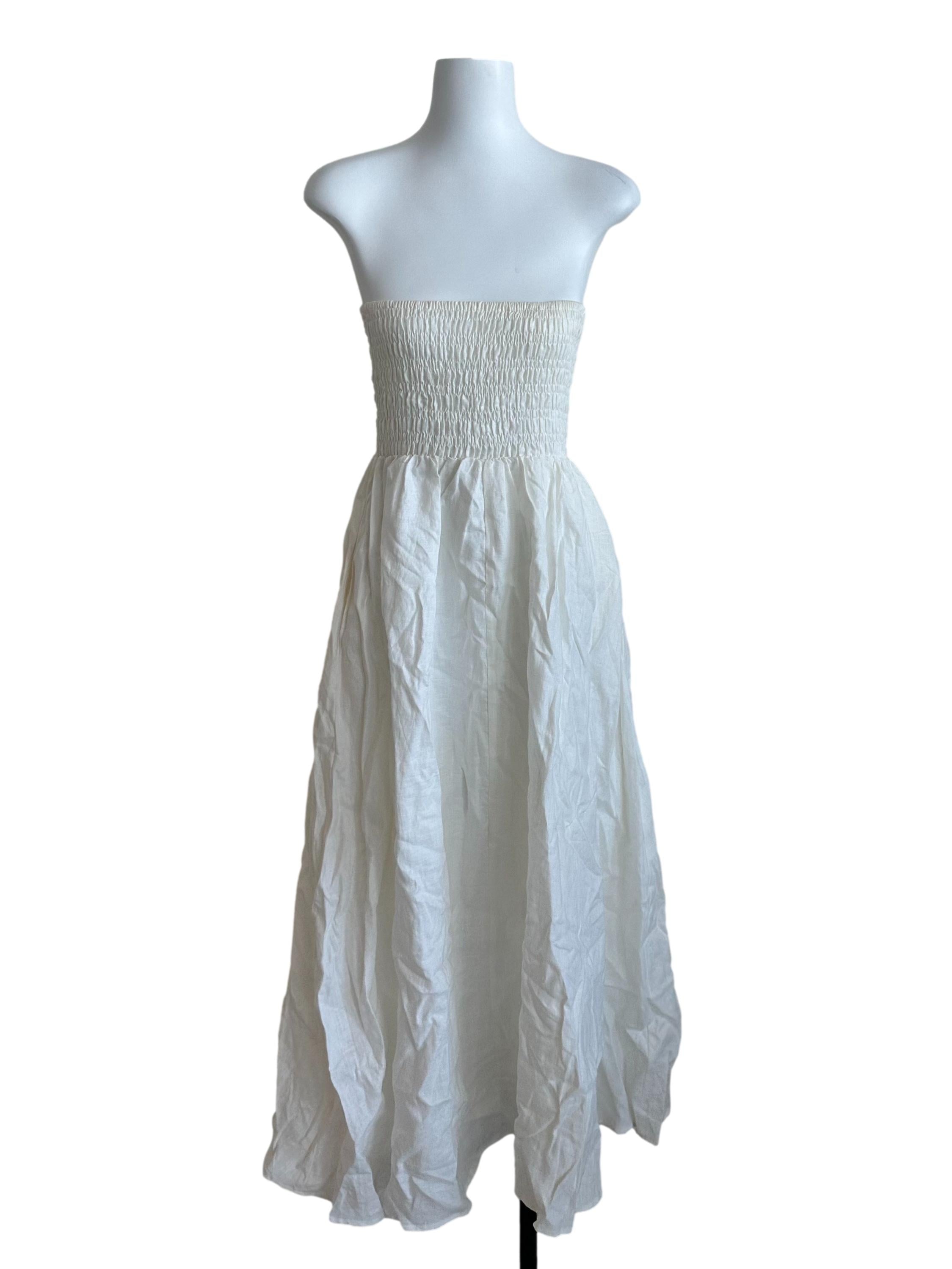 Pearl White Ruched Linen Strapless Dress