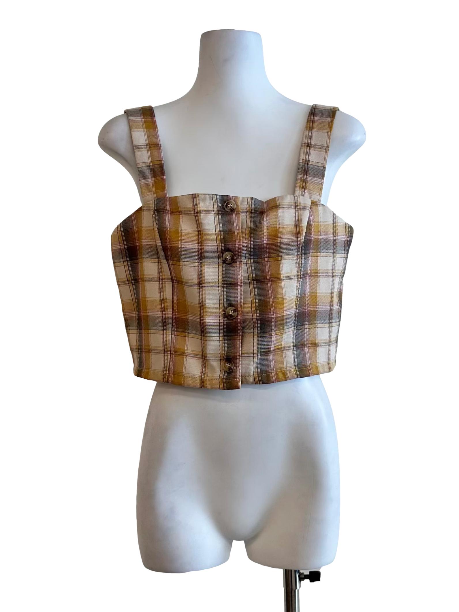 Beige Check Pattern Sleeveless Top