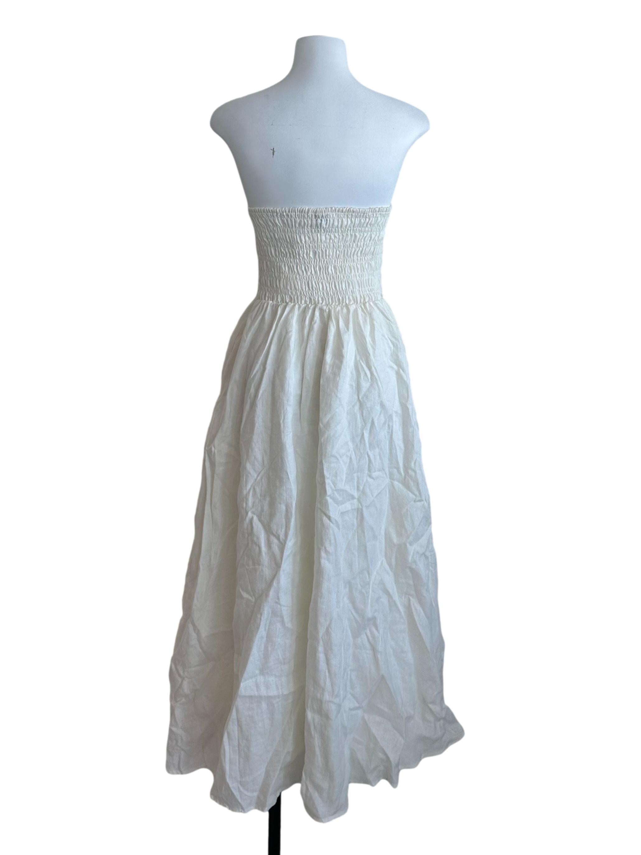 Pearl White Ruched Linen Strapless Dress