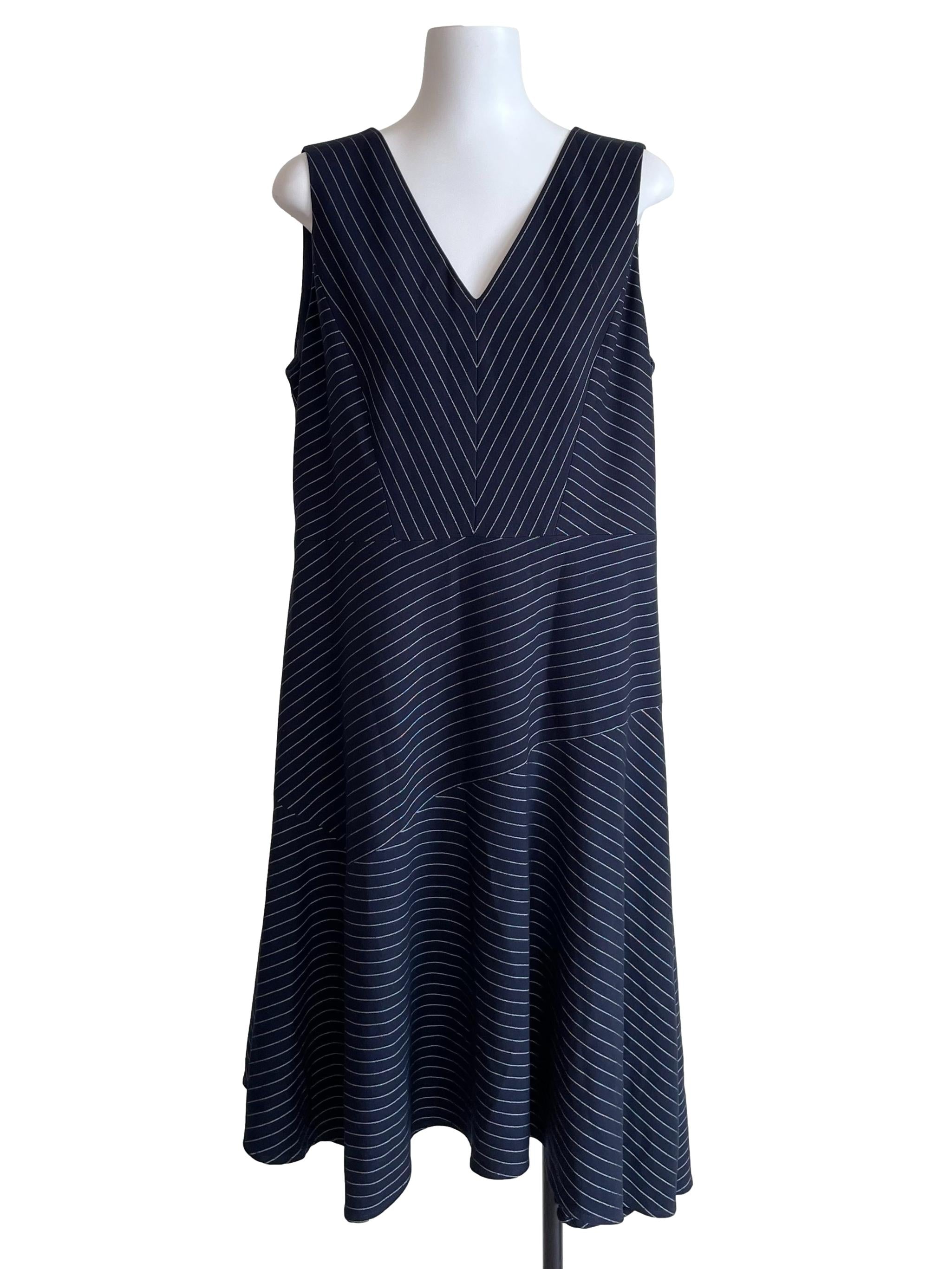 Navy Pinstripe V Neck Dress