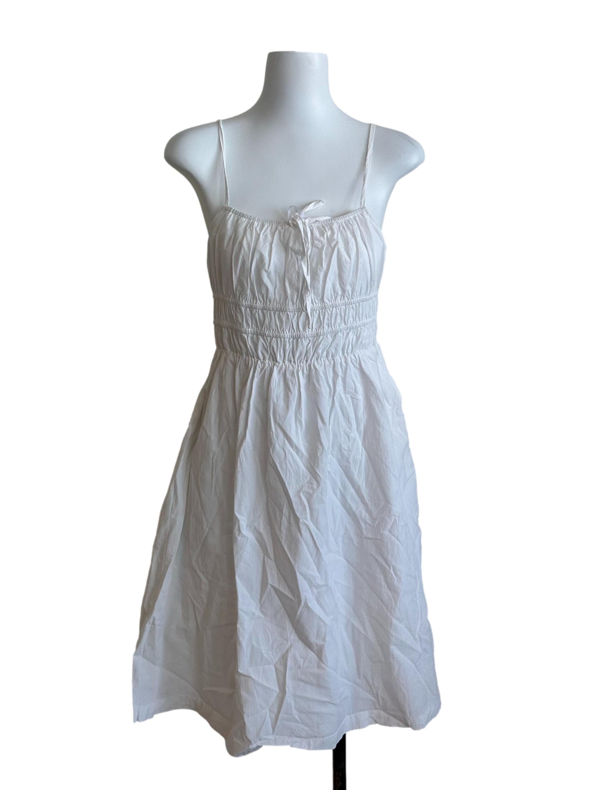 Off White Ruched Ribbon Spaghetti Strap Dress