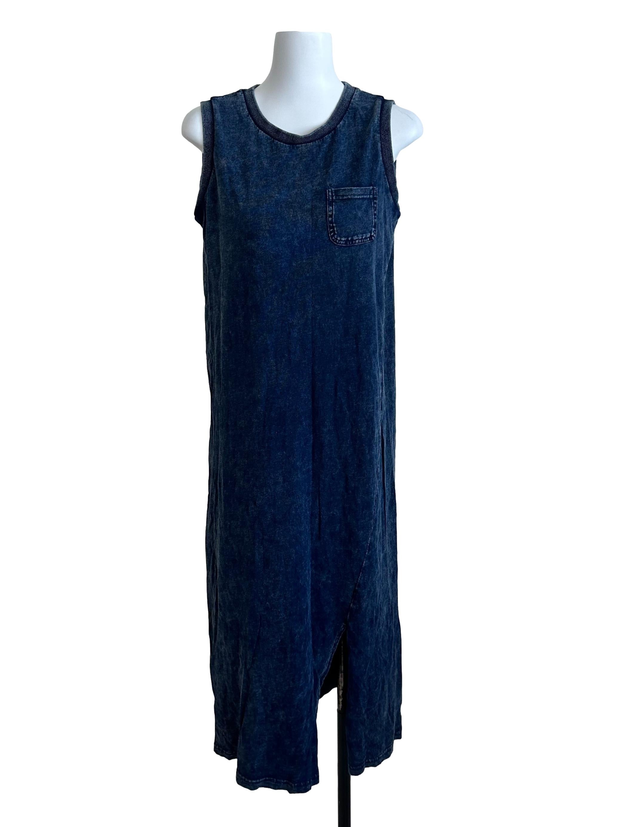 Dark Blue Denim Like Round Neck Slit Dress