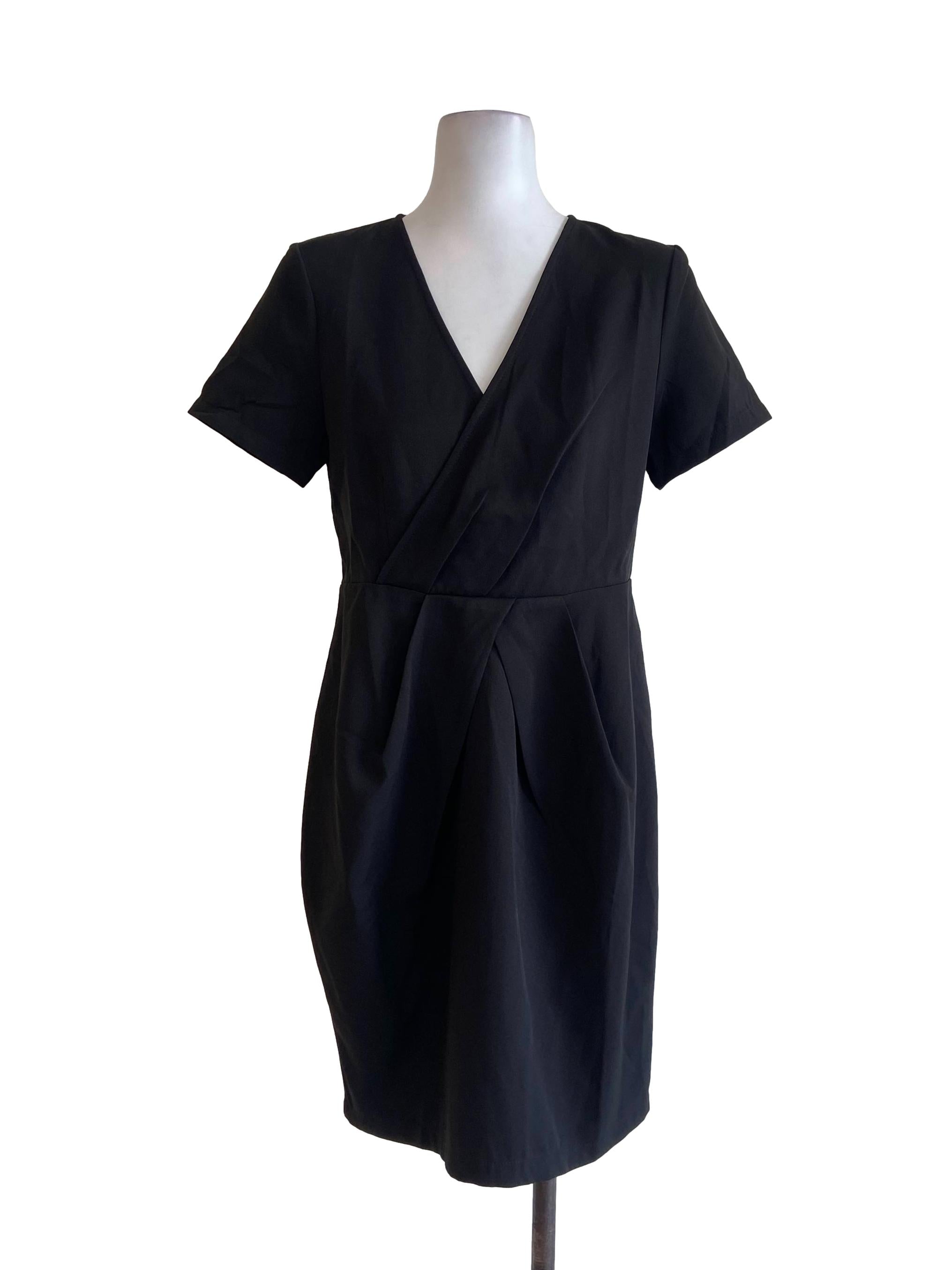 Black V Neck Twill A-Line Dress