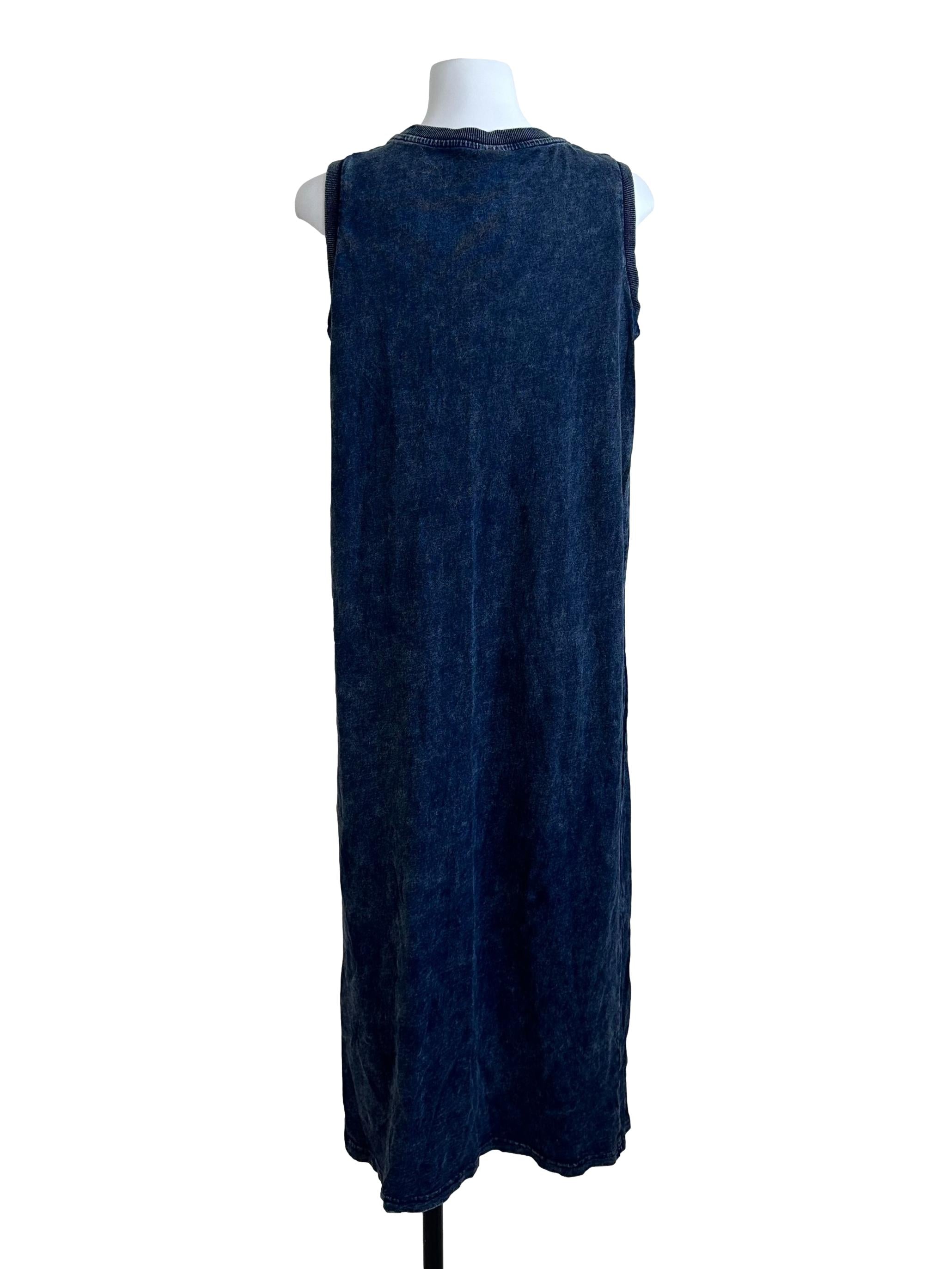 Dark Blue Denim Like Round Neck Slit Dress
