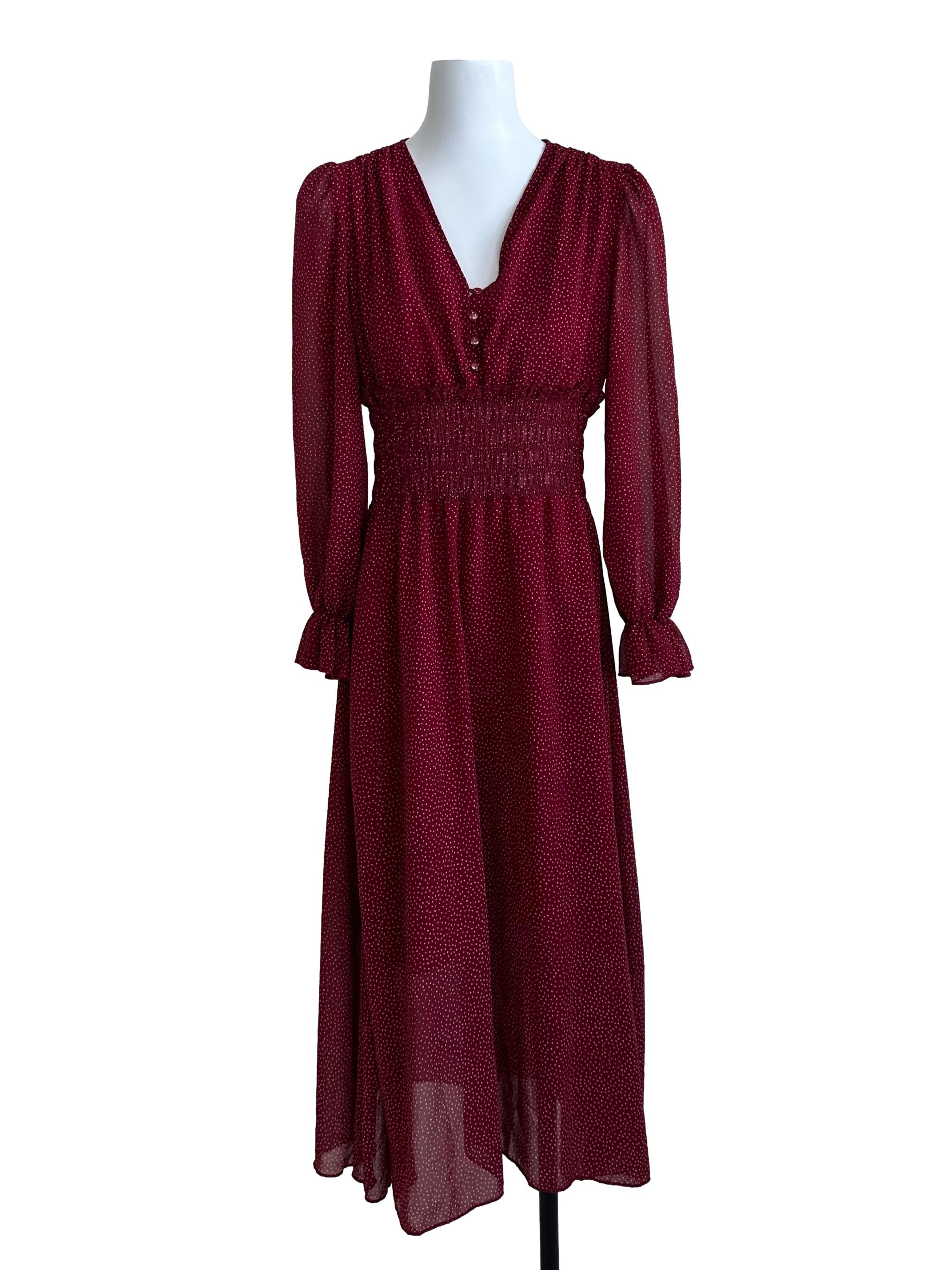 Wine Red Polka Dot Pattern V Neck Dress
