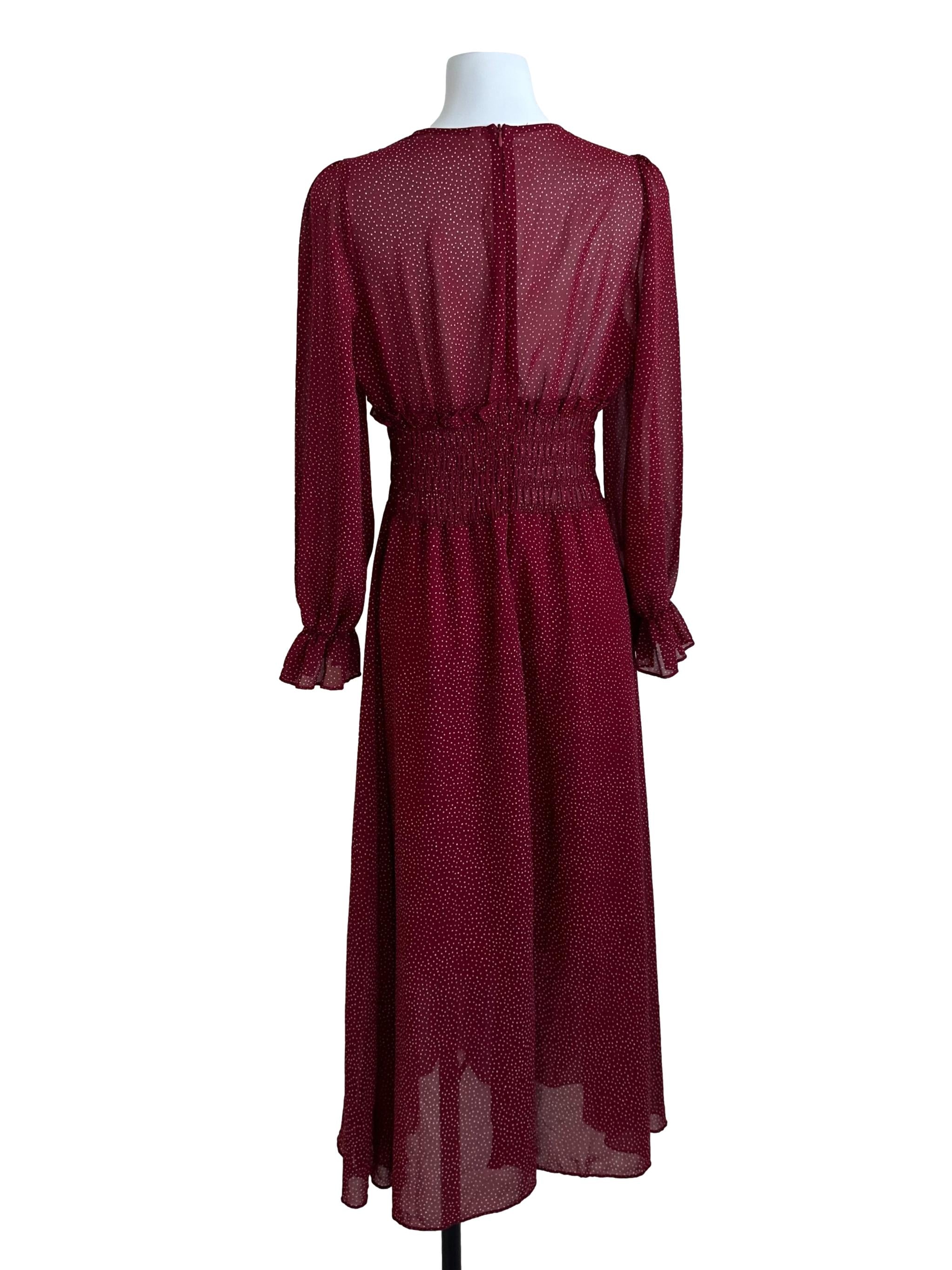 Wine Red Polka Dot Pattern V Neck Dress