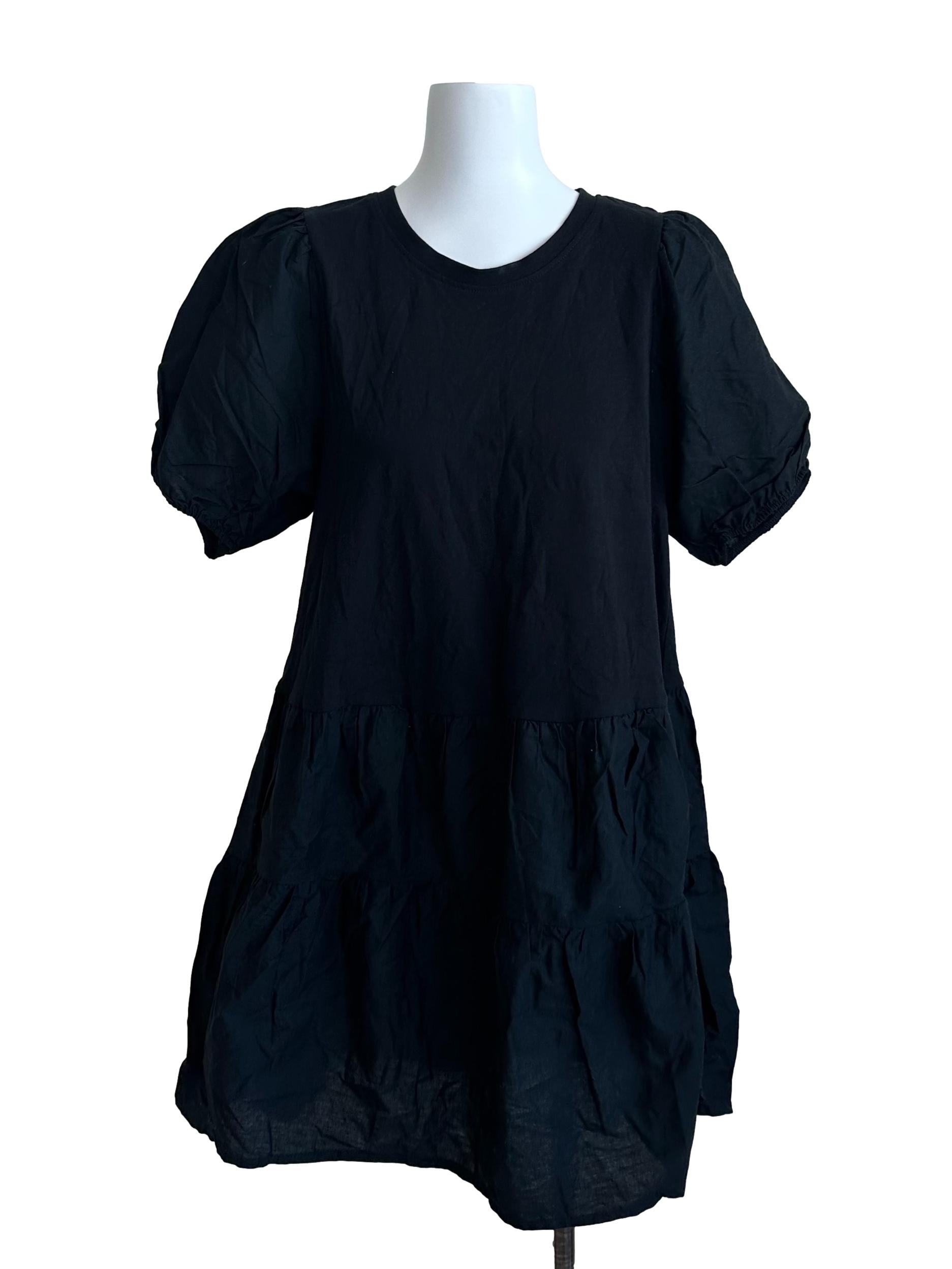 Onyx Black Round Neck Puff Sleeve Dress