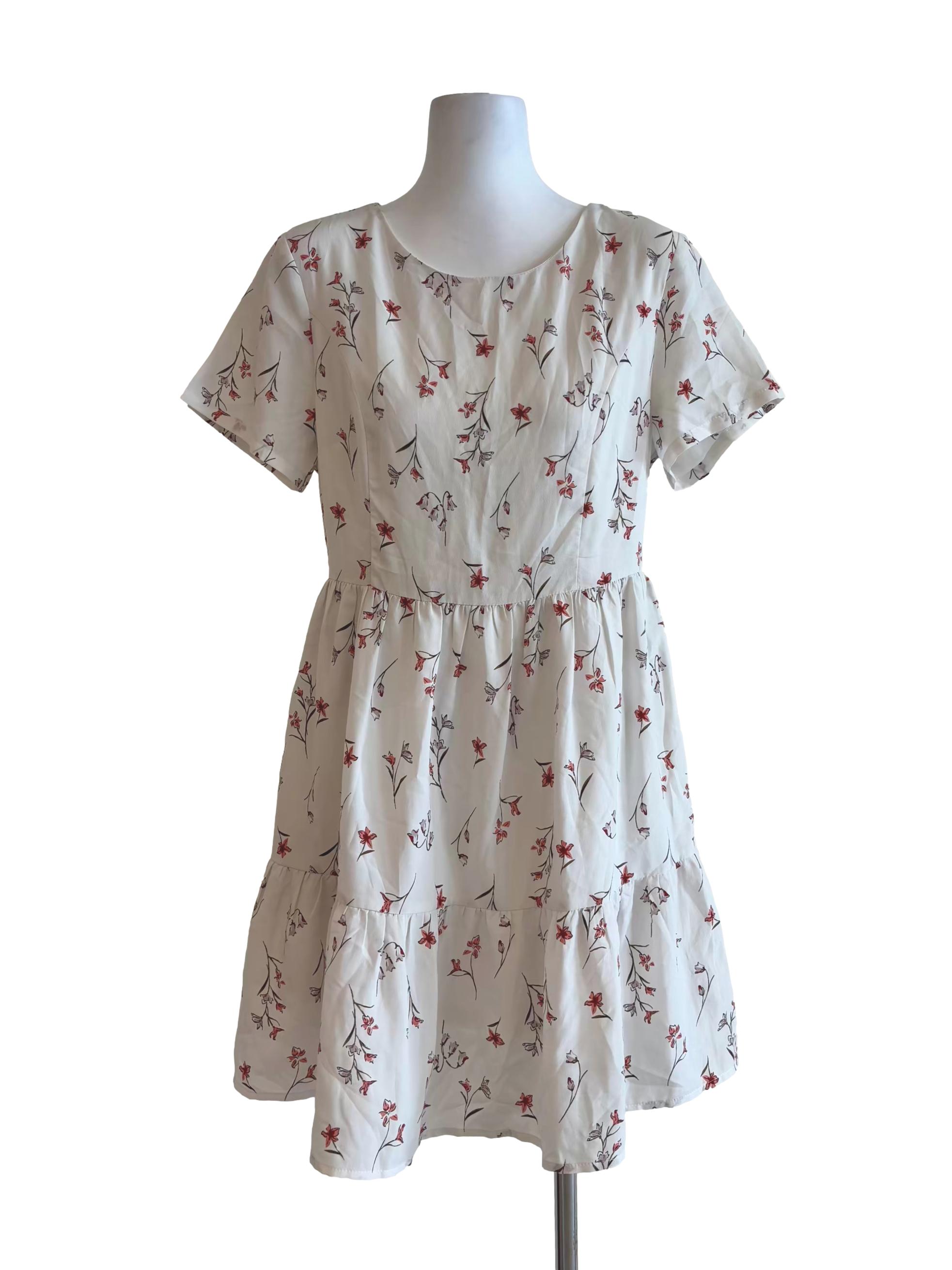 Rice White Short Sleeve Floral A-Line Dress