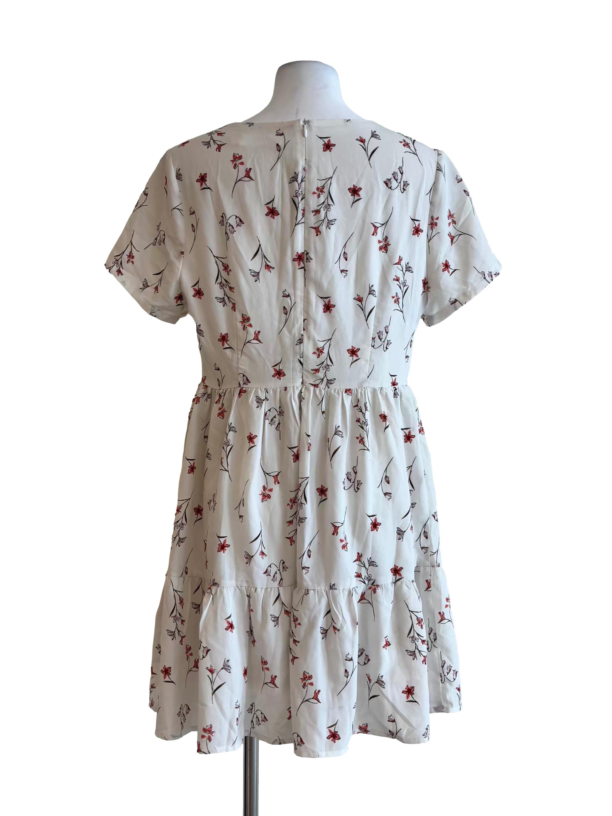 Rice White Short Sleeve Floral A-Line Dress