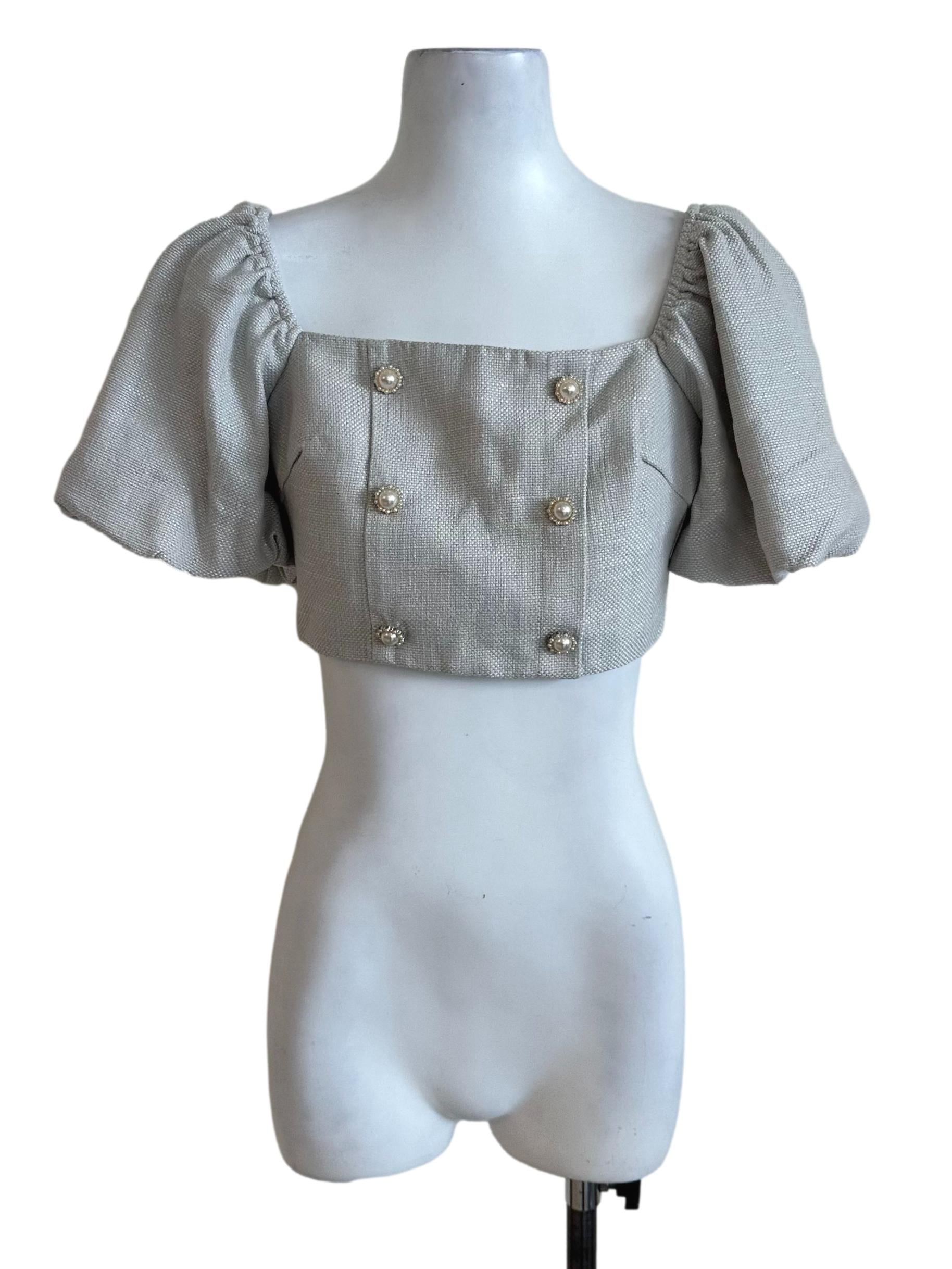 Oat Beige Tweed Textured Button Top