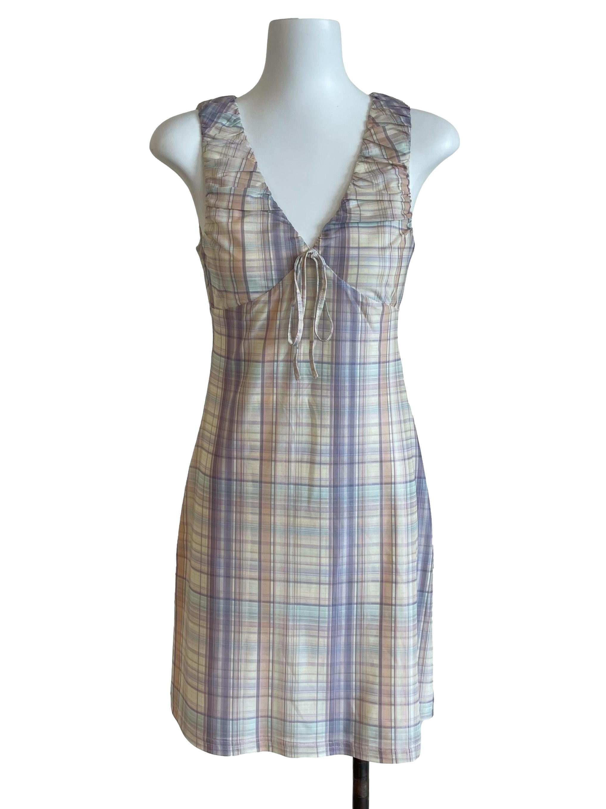Banana & Lilac Checks V Neck Dress