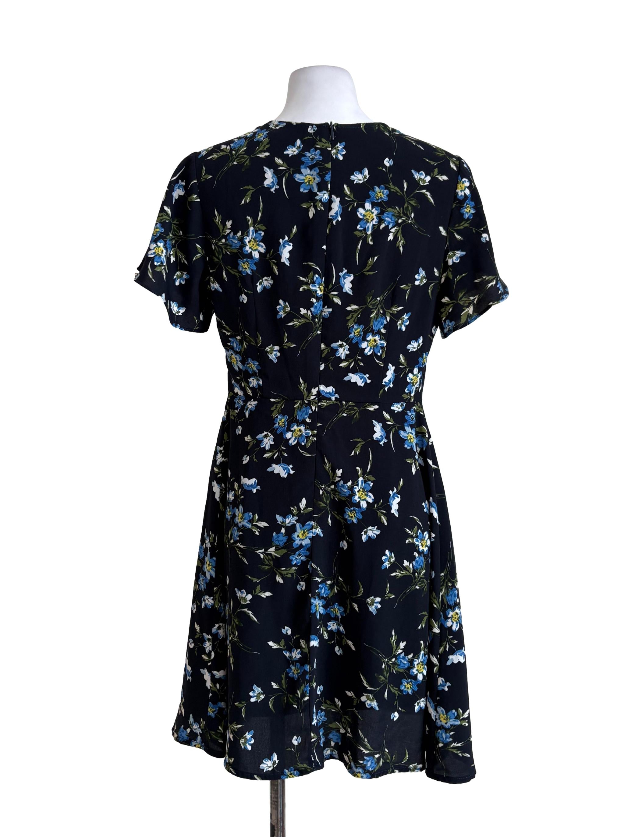 Navy Blue Floral A-Line Dress