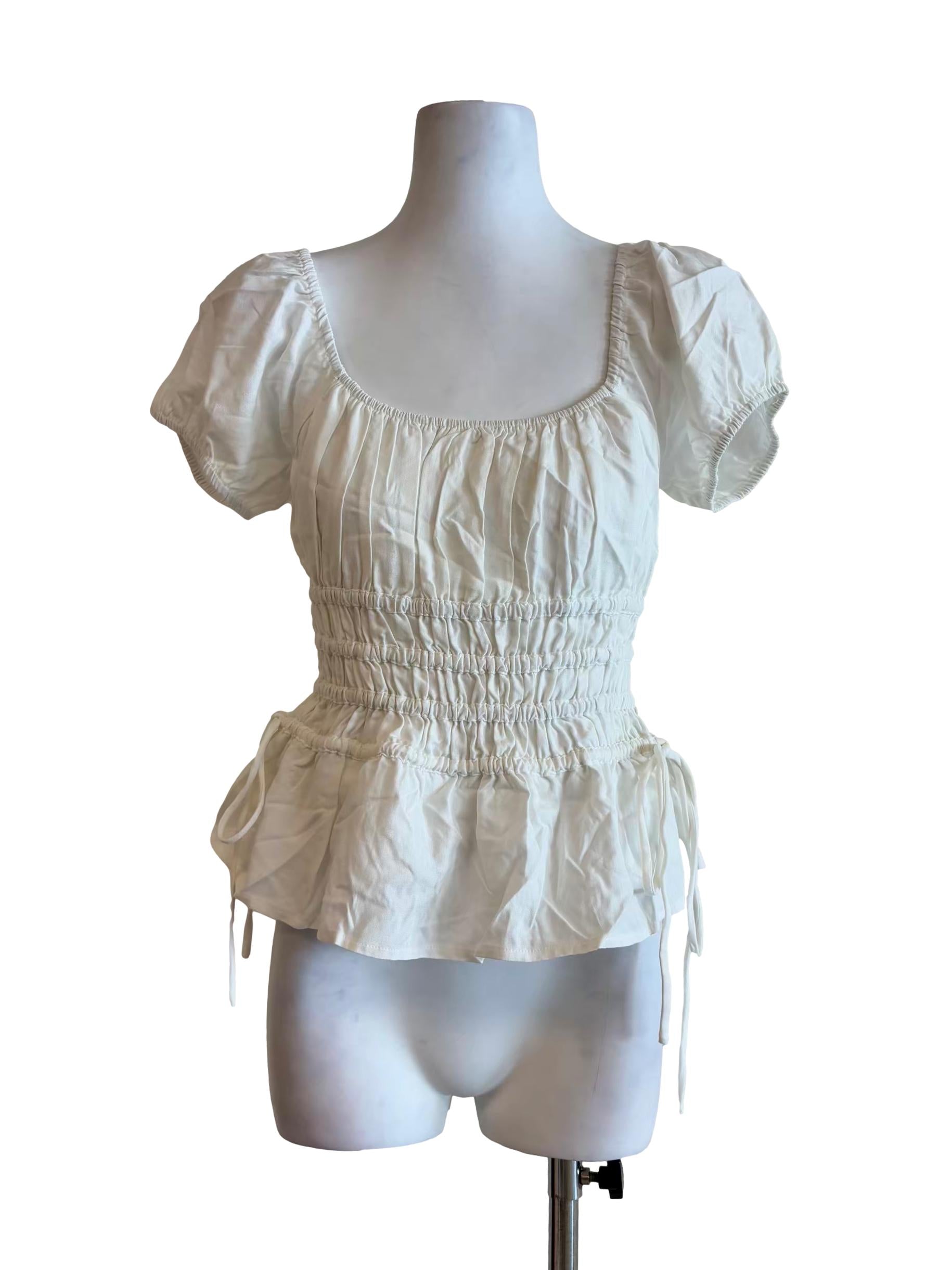 Powder White Puff Sleeve Smock Linen Blouse