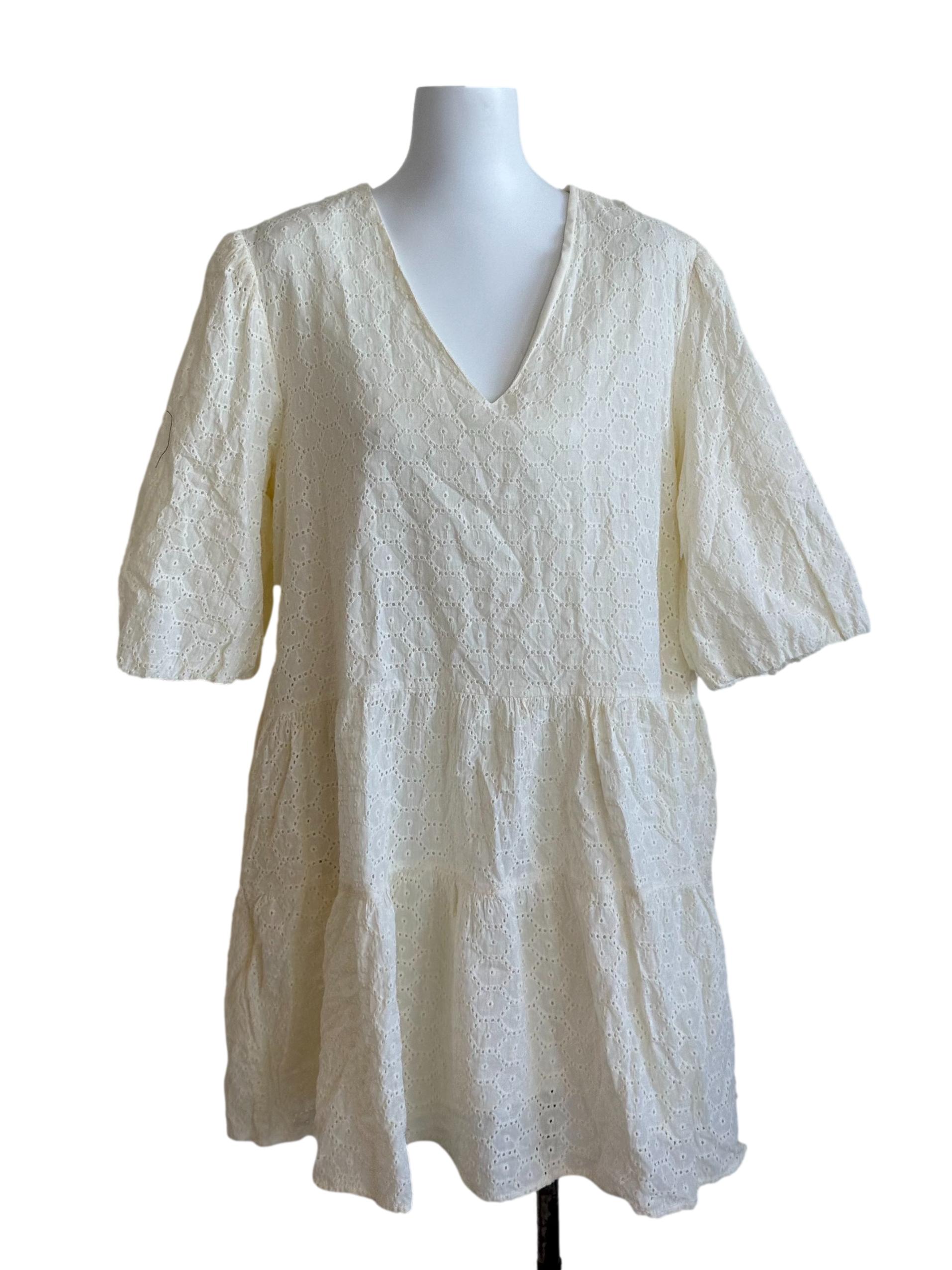 Cream Yellow V Neck Embroidery Tiered Dress
