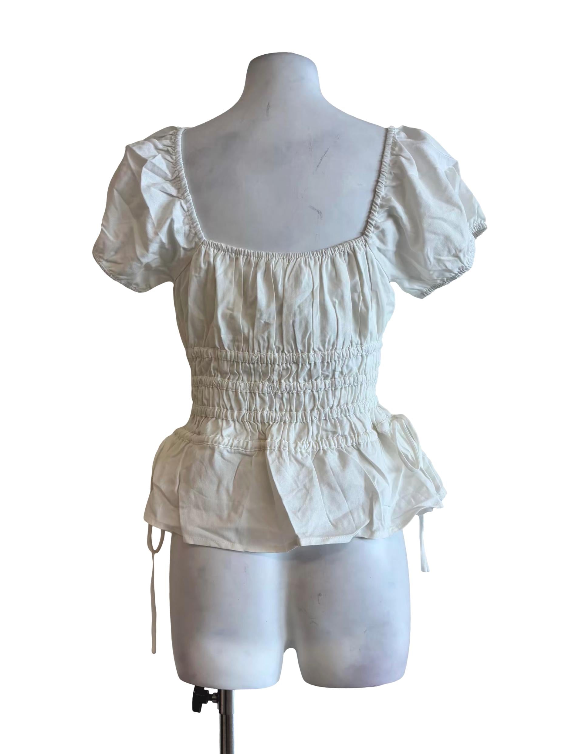 Powder White Puff Sleeve Smock Linen Blouse