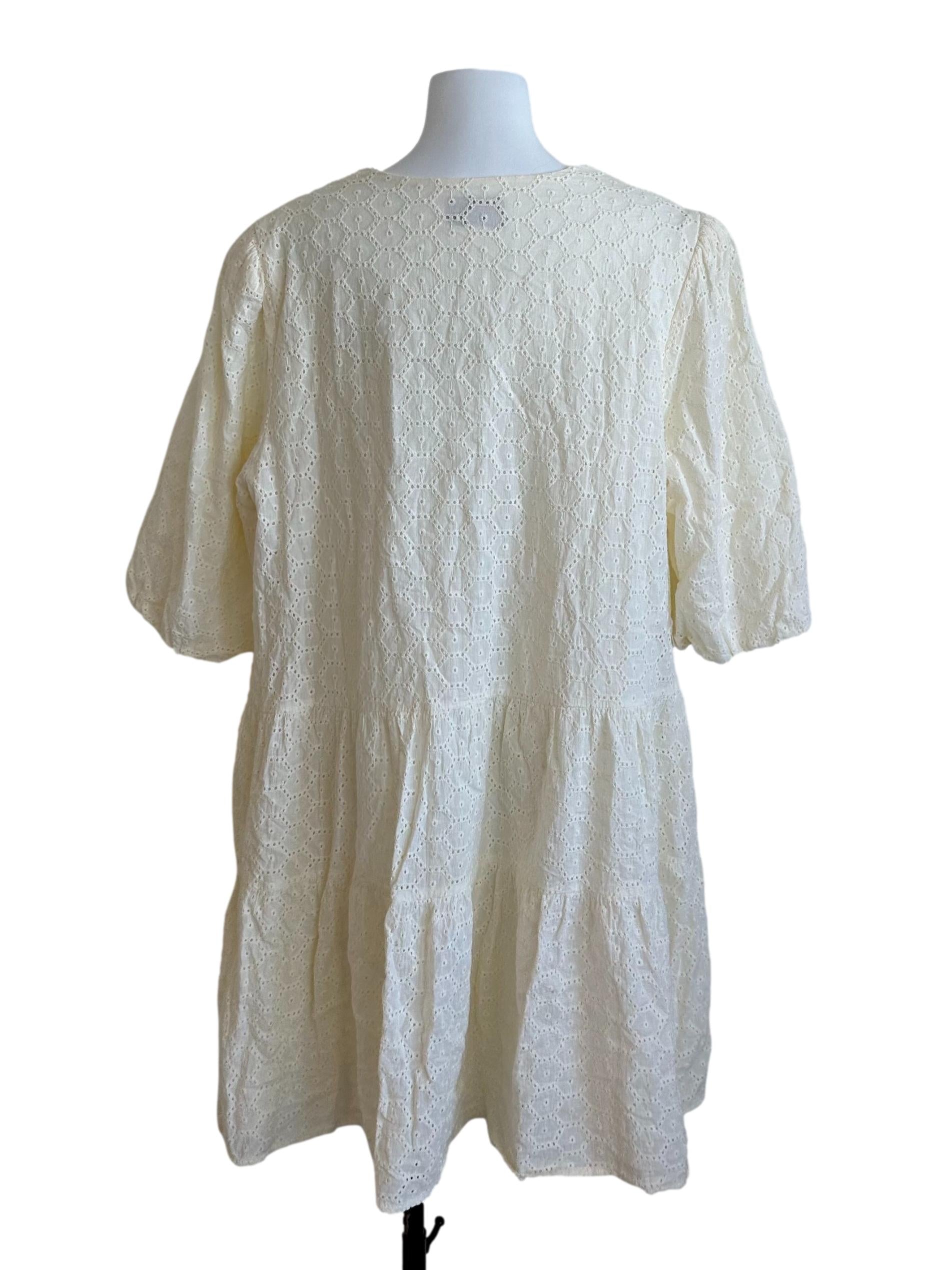 Cream Yellow V Neck Embroidery Tiered Dress