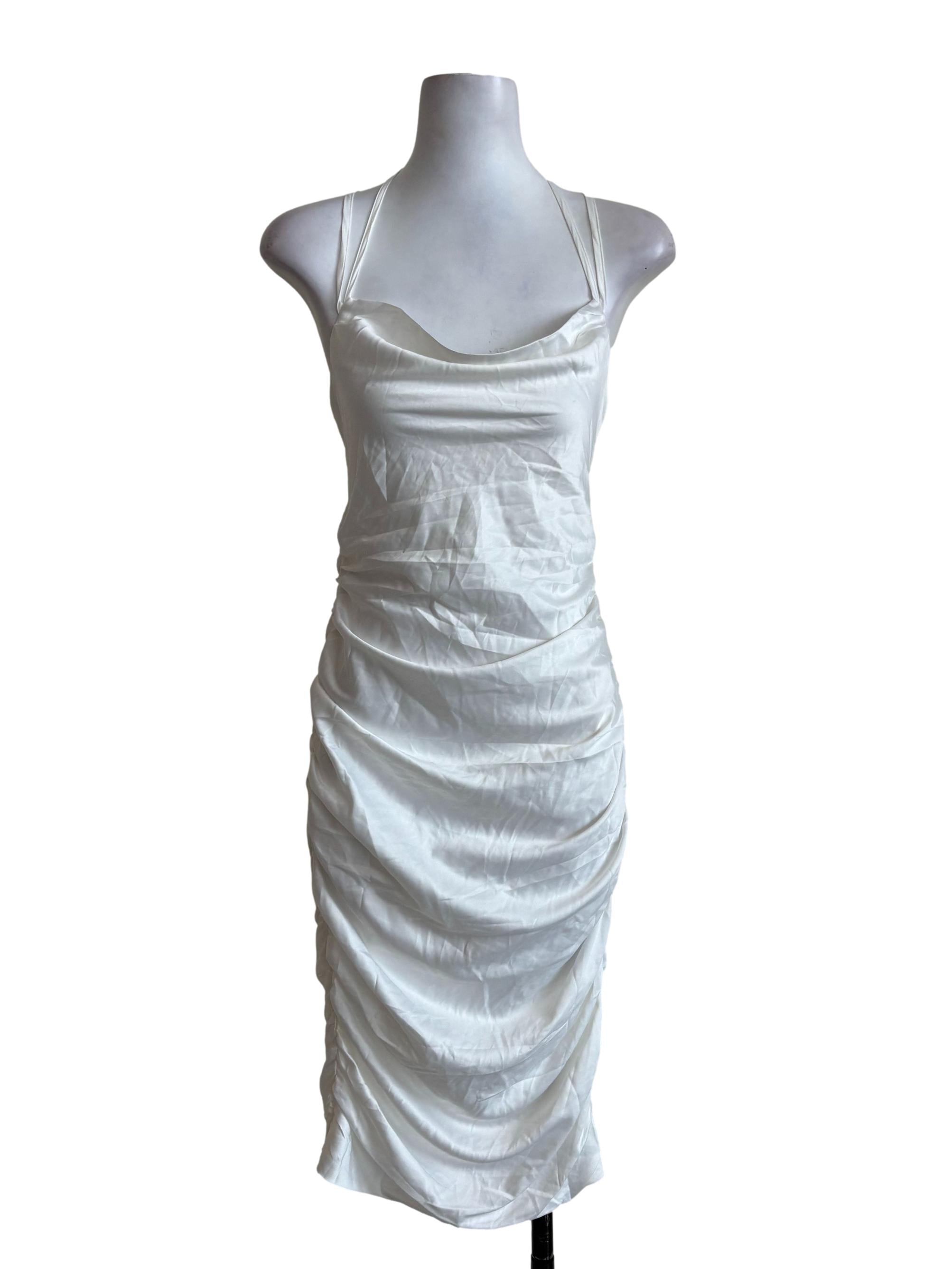 White Satin Ruched Slip Dress