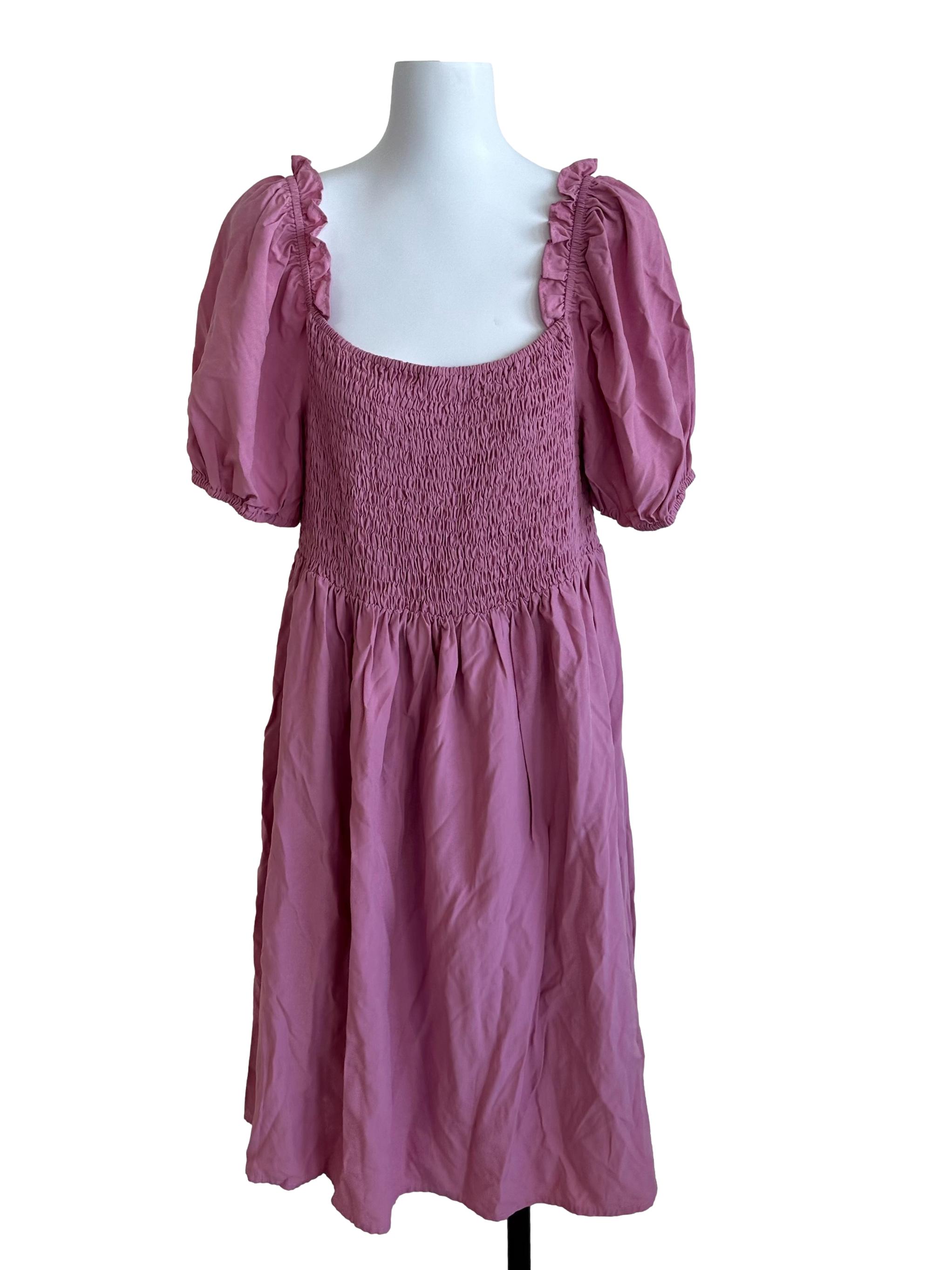 Punch Pink Ruched Scoop Neck Puff Sleeve Dress